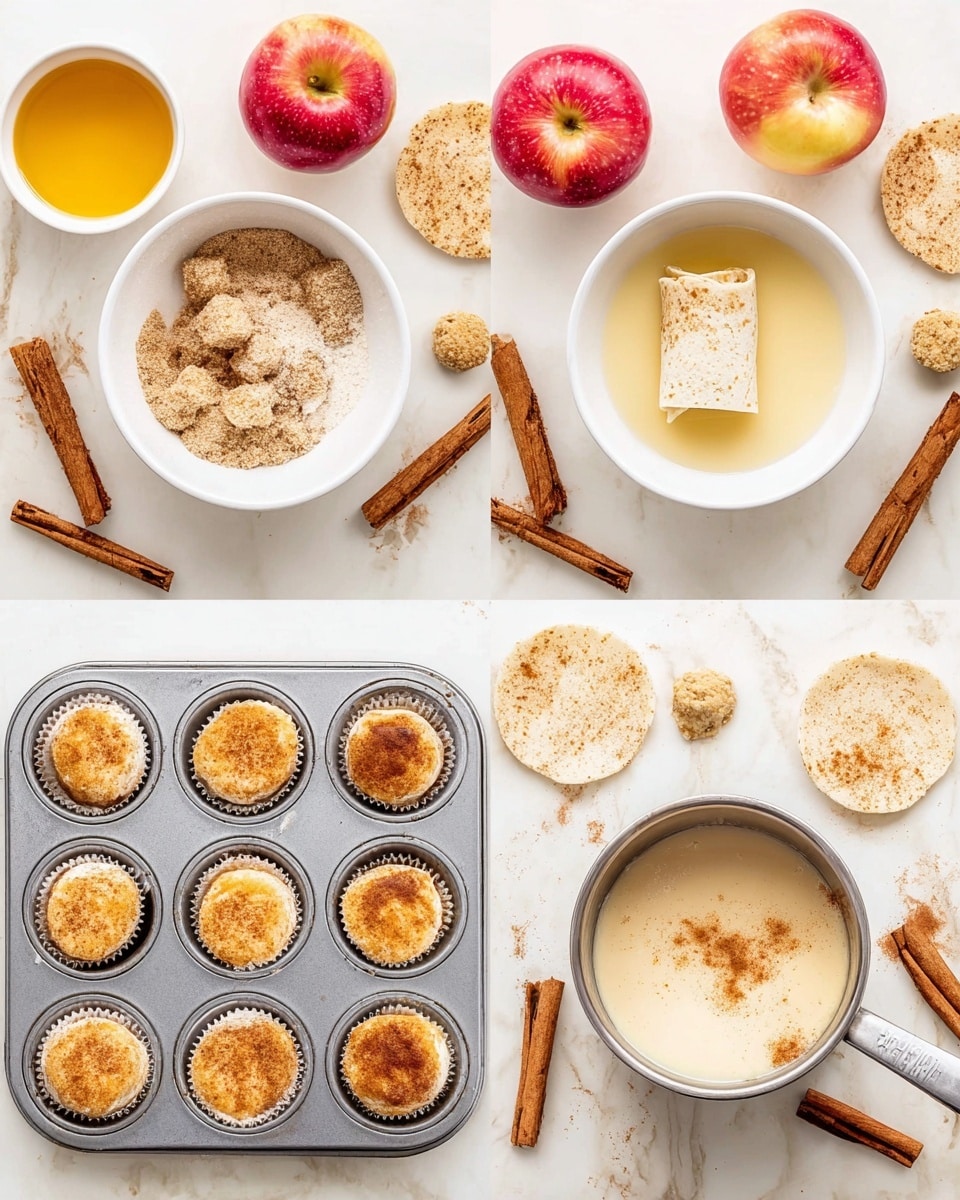 The image shows four stages of making a dessert with white tortillas. The first part has two white bowls on a white marbled surface: one bowl has a dry mixture of crushed biscuits and cinnamon, and the other bowl has melted butter. Around the bowls, there are red apples, cinnamon sticks, and small round cookies. The second part shows a white tortilla dipped in the melted butter, then rolled in the dry biscuit mixture in the white bowl. The third part shows six tortillas coated in the biscuit mix, shaped and placed in a metal muffin tray. The fourth part shows a metal pot with a creamy mixture inside, with apples and cinnamon sticks around on the white marbled surface. photo taken with an iphone --ar 4:5 --v 7