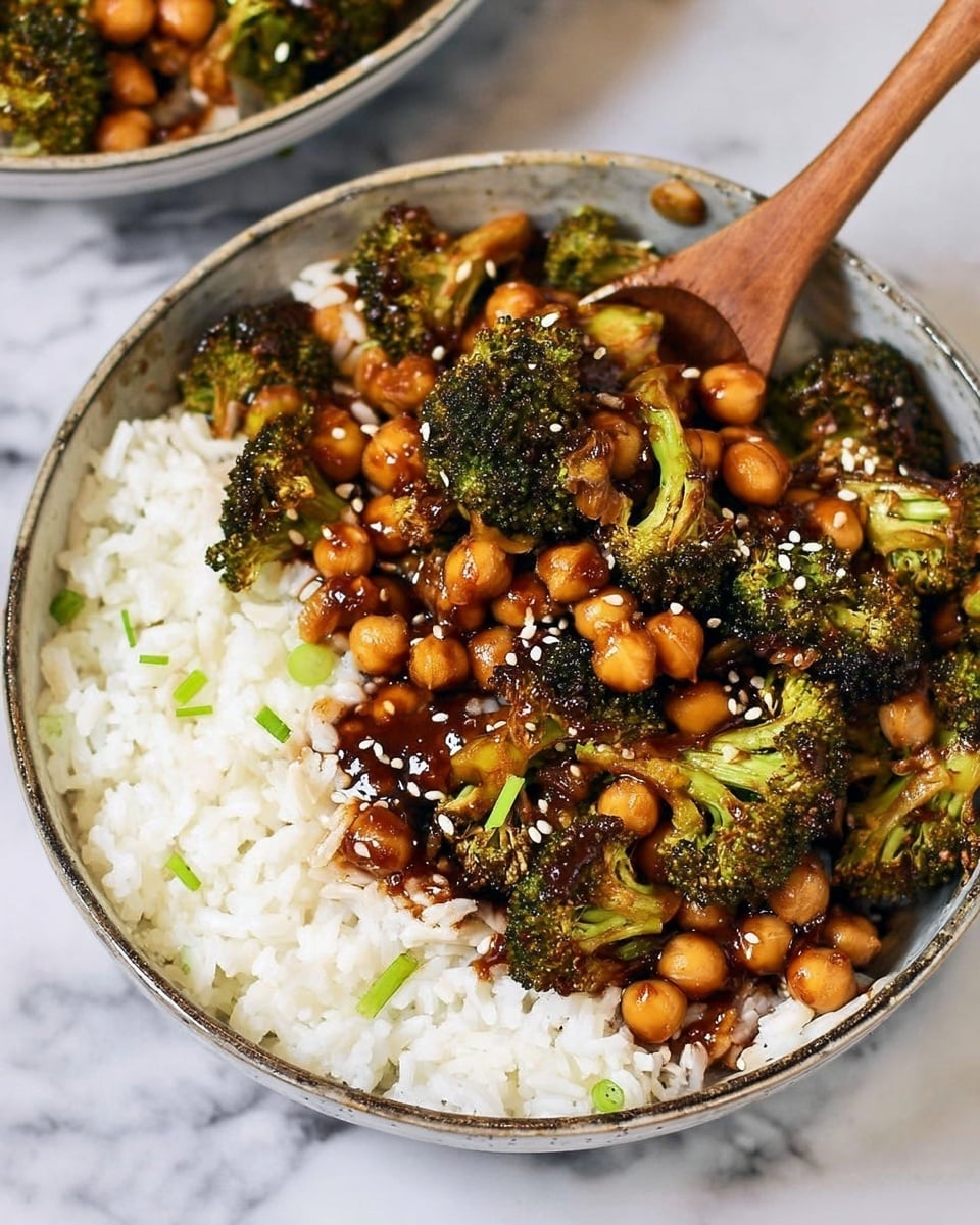 A bowl filled with two layers: the bottom layer is white fluffy rice with small green chive pieces sprinkled on top, showing a soft and delicate texture; the top layer consists of dark green broccoli florets mixed with light brown chickpeas, all coated in a glossy dark brown sauce, with some small white sesame seeds scattered over them; a wooden spoon rests inside the bowl, partially covered by the broccoli and chickpeas; the bowl sits on a white marbled surface with another bowl of the same dish visible in the background; photo taken with an iphone --ar 4:5 --v 7