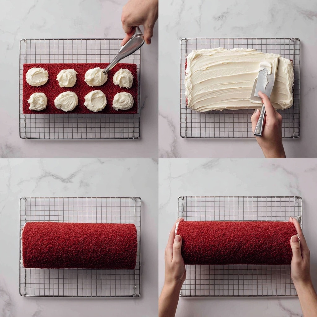 A red velvet roll cake is shown, placed on a white rectangular plate with soft waves on its edges. The cake has two main layers: the outer layer is a rich red sponge cake with a soft texture, while the inner layer is a creamy white swirl of frosting rolled inside. The top of the cake is lightly sprinkled with powdered sugar, adding a fine white dust effect. Two slices are cut from the main roll and laid flat to show the spiral pattern clearly. The background includes a red cloth with a white pattern, and two silver forks are placed on the white marbled surface near the plate. Photo taken with an iphone --ar 4:5 --v 7