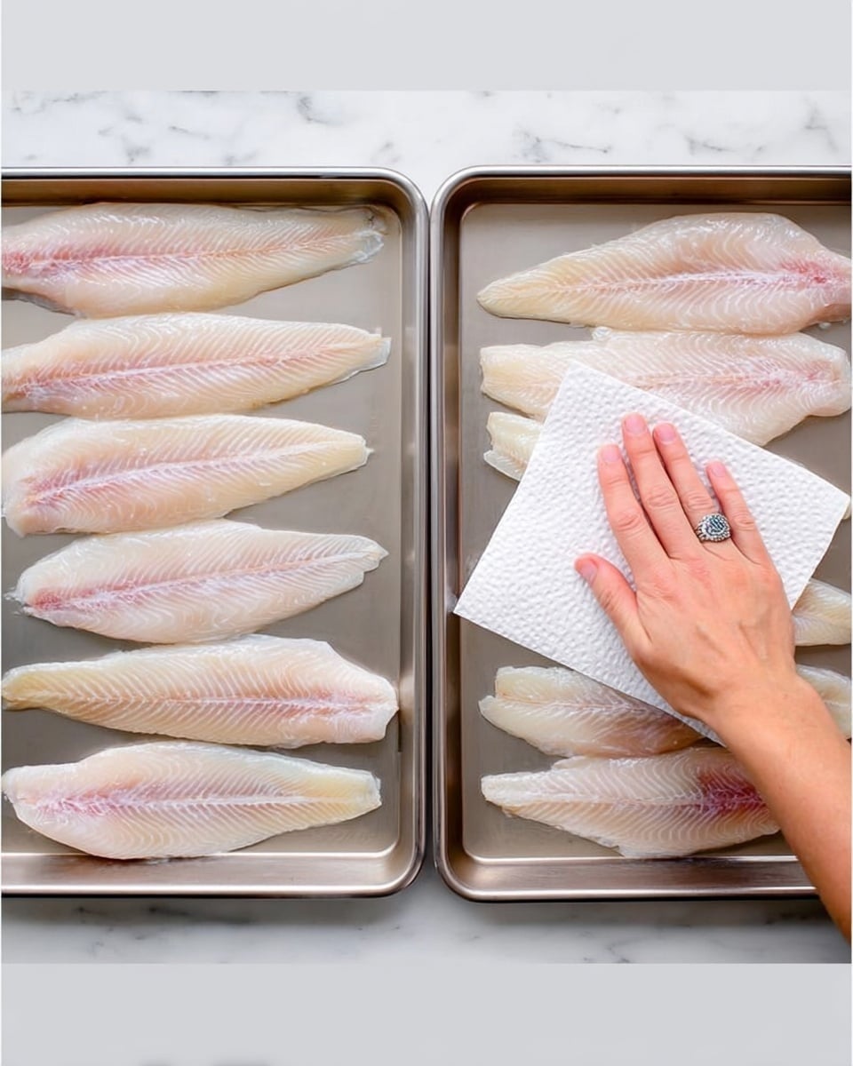 The image shows several small clear glass bowls arranged on a white marbled surface. On the left, there is a white plate holding four raw tilapia fillets with a light pink and white color, laid neatly overlapping each other. Surrounding the plate are small bowls containing various ingredients: melted yellow butter, bright yellow lemon zest, pale yellow lemon juice, sliced lemon rounds with a bright yellow rind and white flesh, finely chopped green parsley, reddish-brown paprika, deep red chili powder, light brown ground cumin, beige garlic powder, a mix of salt and pepper with white and black specks, and fine white sugar. Each ingredient is clearly separated and labeled. Photo taken with an iphone --ar 4:5 --v 7