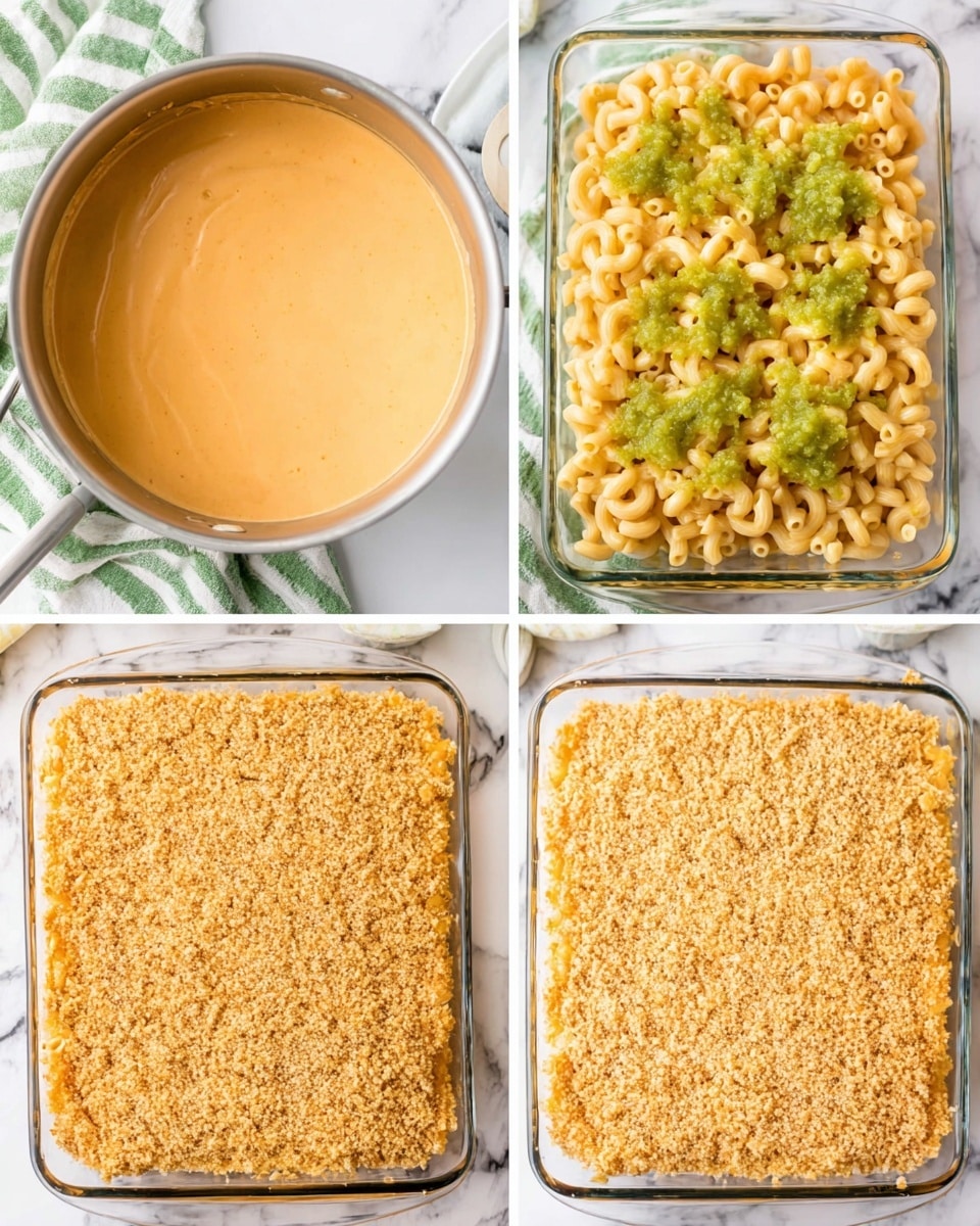 A collage of four images shows the making of a baked macaroni and cheese dish. The first image shows a saucepan filled with smooth, creamy, light orange cheese sauce on a white marbled surface with a green and white striped cloth nearby. The second image has a clear rectangular glass baking dish filled with elbow macaroni mixed with the cheese sauce, topped with dollops of green relish scattered over the surface. The third image shows the same baking dish now covered evenly with a coarse, golden brown breadcrumb layer over the macaroni and cheese. The final image is similar to the third but the breadcrumb layer looks slightly more baked and crisp. Photo taken with an iphone --ar 4:5 --v 7