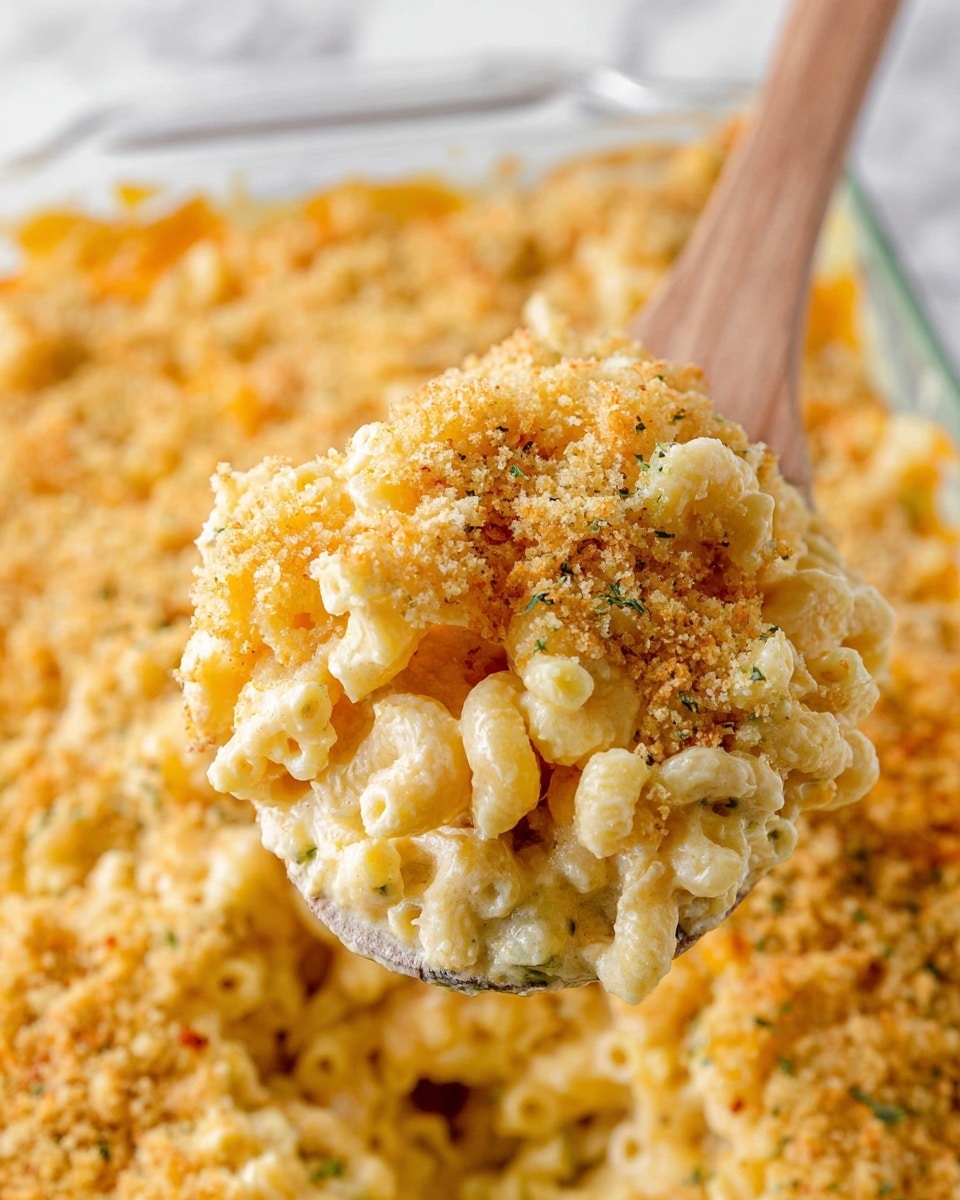 A close-up view of a wooden spoon holding a thick scoop of baked macaroni and cheese showing three distinct layers: the bottom layer is creamy light yellow macaroni pasta, the middle layer is a smooth, pale cheesy sauce with some greenish bits, and the top layer is a golden crumbly breadcrumb topping sprinkled evenly. The background shows a glass white baking dish filled with more macaroni and cheese on a white marbled surface. The texture of the pasta is slightly soft and coated with melted cheese. Photo taken with an iphone --ar 4:5 --v 7