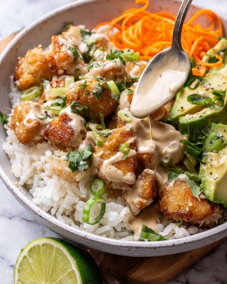 A white bowl on a white marbled surface holds a layered dish. The bottom layer is fluffy white rice spread evenly across the bowl. On one side, golden brown, crispy chunks of chicken are placed, topped with light beige creamy sauce dripping softly from a spoon held by a woman's hand. Fresh green herbs and thin green onion slices garnish the chicken. Alongside, there are thin curled orange carrot ribbons and pieces of green avocado. The dish is colorful with green, white, orange, and golden brown tones. A halved lime sits next to the bowl on a wooden surface. Photo taken with an iphone --ar 4:5 --v 7