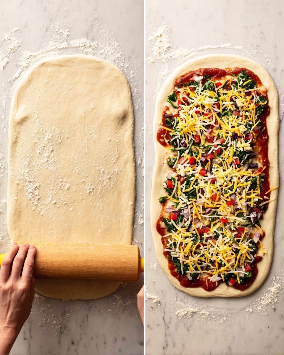 The image shows two side-by-side views of pizza preparation on a white marbled surface. On the left, a piece of light beige dough with a smooth, slightly uneven texture is being rolled out by a woman's hand holding a wooden rolling pin with yellow handles; the dough is shaped roughly like a rectangle and sprinkled lightly with flour. On the right, the rolled dough forms the pizza base with a thick, slightly raised edge; it is topped with an even layer of red tomato sauce spread across the surface, followed by scattered dark green leafy vegetables, small diced red and white pieces of vegetables, and a generous layer of shredded yellow cheese spread unevenly over the top. Photo taken with an iphone --ar 4:5 --v 7