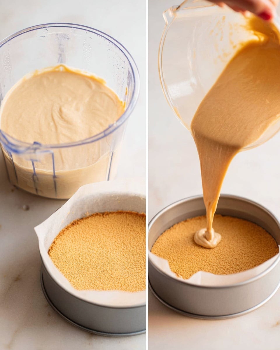 A close-up image shows a light tan batter with a smooth and creamy texture inside a clear blender container on a white marbled surface. Beside it, a woman's hand pours the same batter in a smooth stream into a round cake pan lined with parchment paper, which already has a dense, slightly crumbly golden-brown layer at the bottom. The two images together show the process of preparing a layered cake batter. photo taken with an iphone --ar 4:5 --v 7