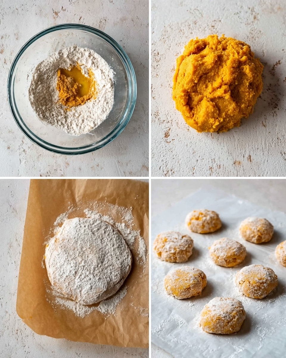 The image shows four steps of making dough. The first part is a clear glass bowl with white flour around the edges and orange dough paste in the middle. The second part shows the dough mixed up into one ball with a rough texture inside the same bowl. The third part shows the dough flattened into a round shape on a white marbled surface, rough with visible bits of flour and dough. The last part shows seven small round dough pieces, lightly dusted with flour, placed on brown parchment paper. The colors are mainly white, orange, and light brown, with a clean and simple look. Photo taken with an iphone --ar 4:5 --v 7