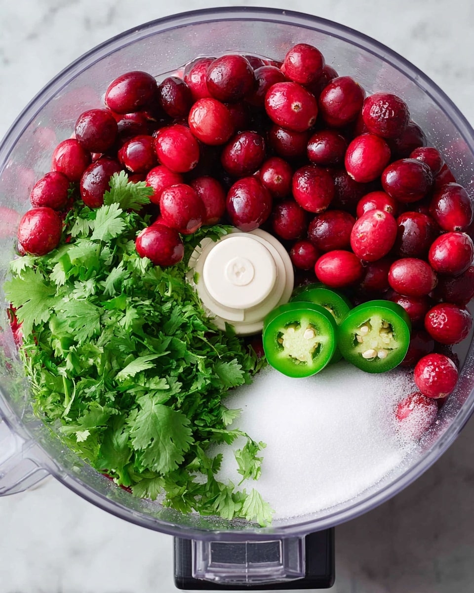 A top view of a clear food processor bowl filled with bright red whole cranberries that cover about half of the bowl, fresh green cilantro leaves clustered on the left side, a pile of white granulated sugar at the bottom right, and two halves of a fresh green chili pepper placed on top near the middle. The background is a white marbled surface. photo taken with an iphone --ar 4:5 --v 7