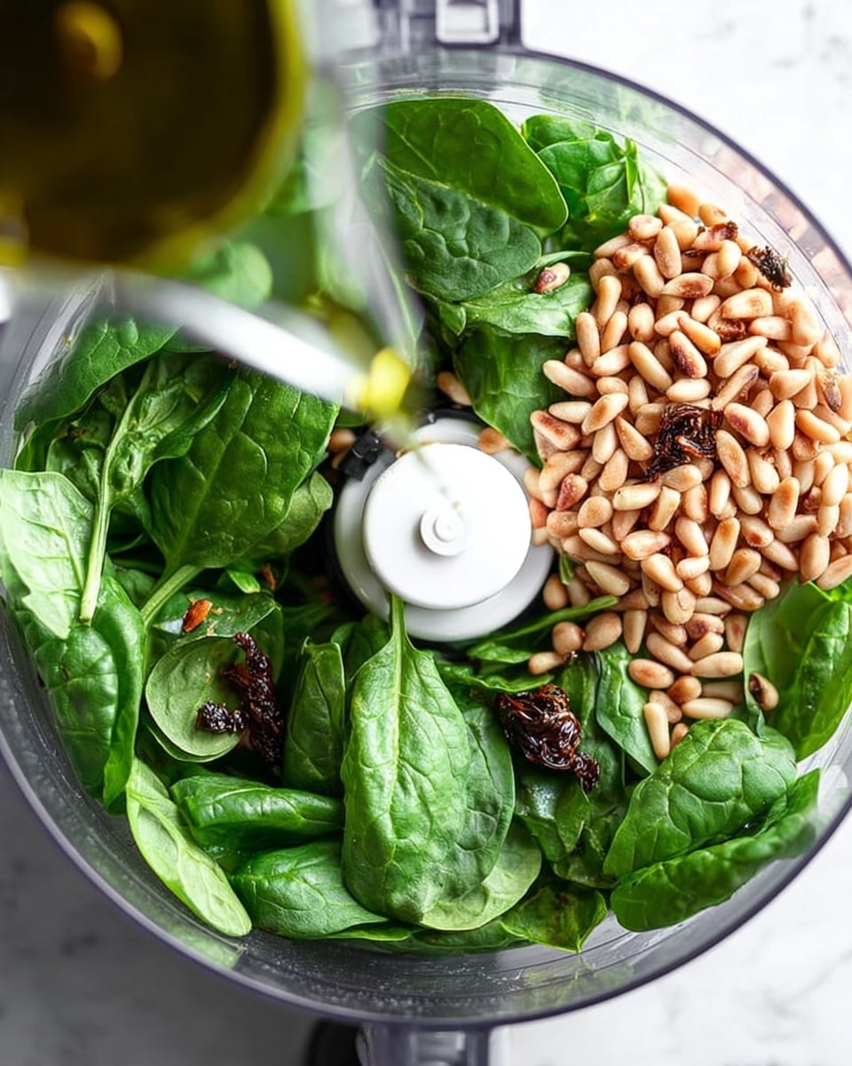The image shows a top view inside a clear food processor bowl filled with fresh green spinach leaves and basil leaves arranged around the sides. On the right side, there is a pile of toasted pine nuts with a light brown color, some scattered on top of the basil. Below and left of the pine nuts, there are small dark roasted garlic pieces adding a deep brown color contrast. The white plastic blade center is visible in the middle. In the foreground, there is a blurred bottle of olive oil pouring a small stream onto the basil leaves. The food processor is placed on a white marbled texture surface photo taken with an iphone --ar 4:5 --v 7