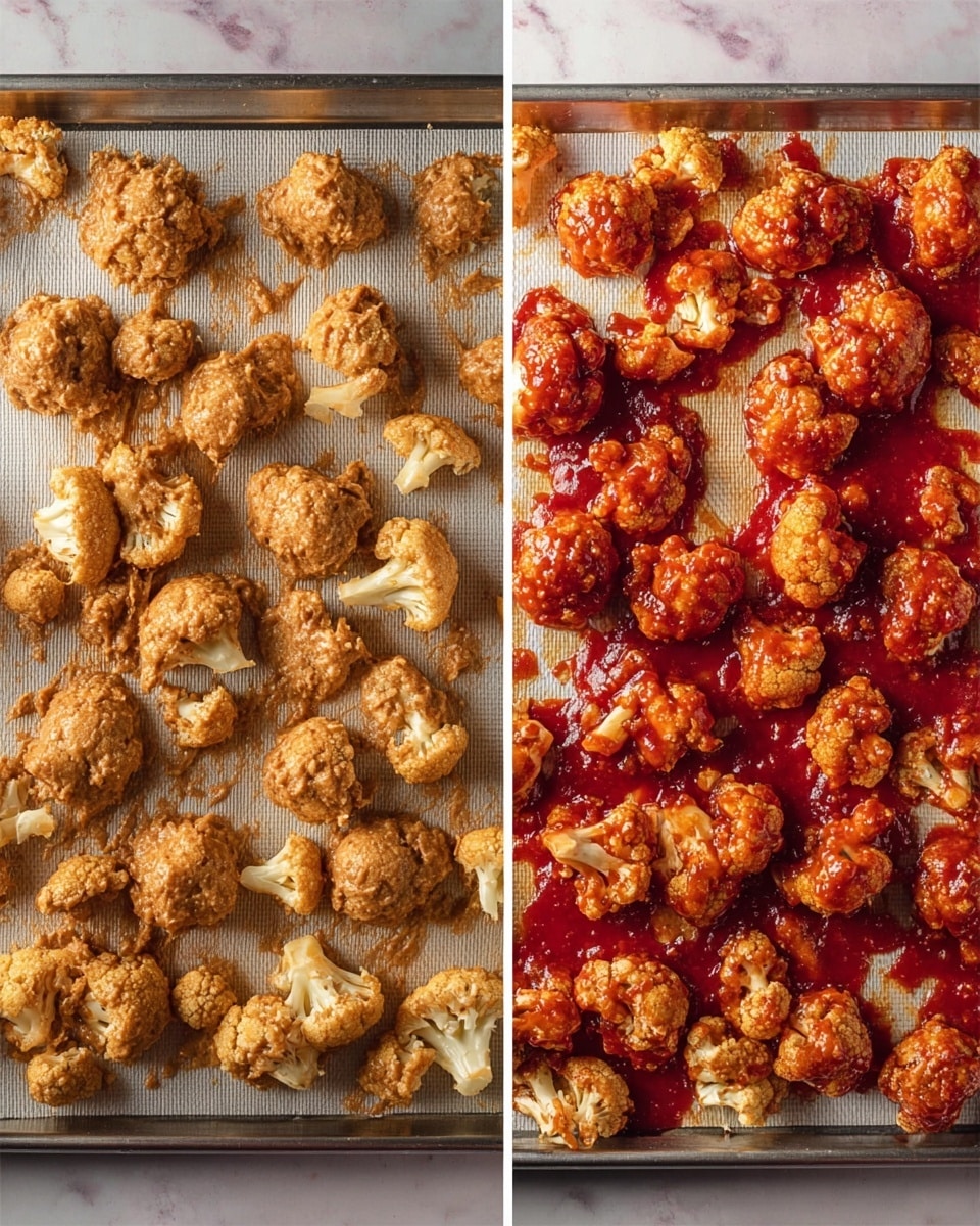 The image shows two side-by-side photos of cauliflower pieces placed on white baking mats on trays over a white marbled surface. On the left side, the raw cauliflower pieces are fully covered in a thick, light brown batter coating, arranged closely with visible clumps and smooth texture. On the right side, the cauliflower pieces are cooked and covered in a shiny, bright red sauce with some pooling on the mat, displaying a rougher texture and a more vibrant, glossy look, with pieces spaced out unevenly. Both photos share the same overhead perspective, clearly showing the different cooking stages. Photo taken with an iphone --ar 4:5 --v 7