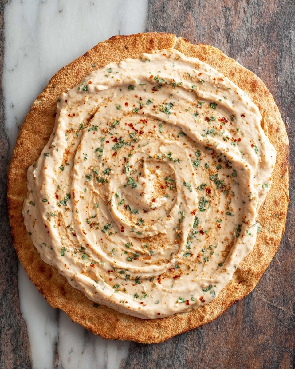 A round flatbread with a rough, slightly crispy texture and a golden brown color forms the base layer. Spread evenly on top is a creamy, light beige sauce with small green and red herb specks, showing smooth swirls and a thick consistency while covering almost the entire flatbread. The flatbread rests on a white marbled surface that contrasts with the warm tones of the dish. photo taken with an iphone --ar 4:5 --v 7