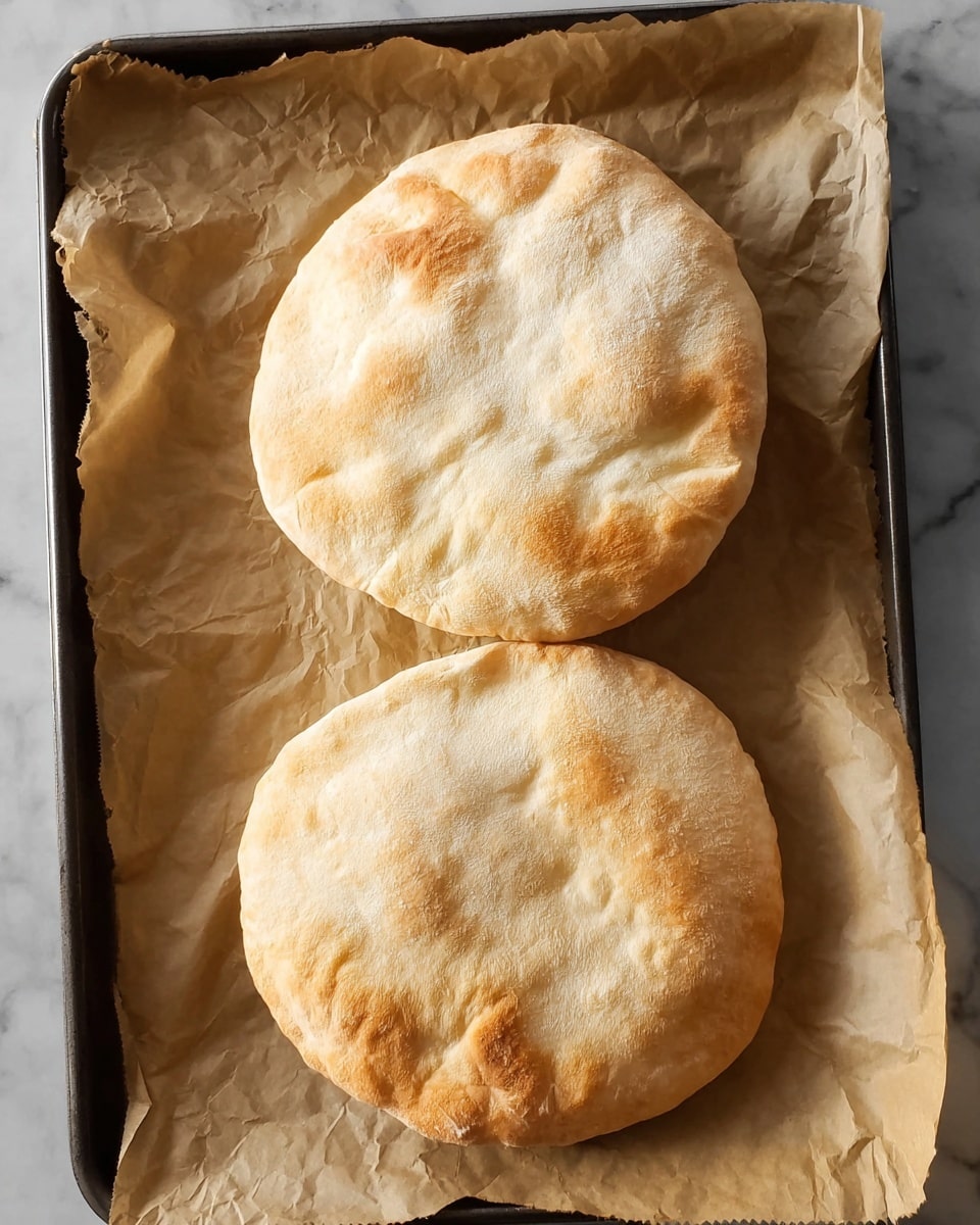 Two round, puffed pita breads with a light golden brown and slightly uneven surface rest on a baking tray lined with crinkled parchment paper. The pita breads have a soft, slightly textured look with air pockets that give them a risen, fluffy appearance. The tray is a dark metal contrasting with the light parchment and the warm, pale beige color of the bread. The background is a white marbled texture. photo taken with an iphone --ar 4:5 --v 7