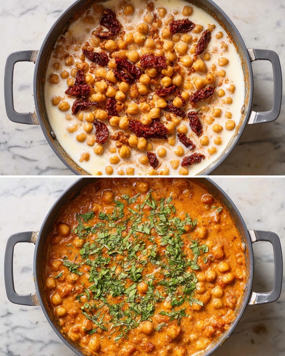 The image shows two views of a dish being cooked in a round, grey pan with two handles on a white marbled surface. The dish has three main layers: the bottom layer is a thick orange sauce with chickpeas mixed evenly throughout, the middle layer features chunks of dark red sun-dried tomatoes scattered above the chickpeas, and the top layer changes from a white creamy liquid with chickpeas floating in it in the first view to chopped bright green fresh herbs sprinkled over the dish in the second view. The textures move from creamy and liquid to thicker and more solid with the herbs adding a fresh touch. Photo taken with an iphone --ar 4:5 --v 7