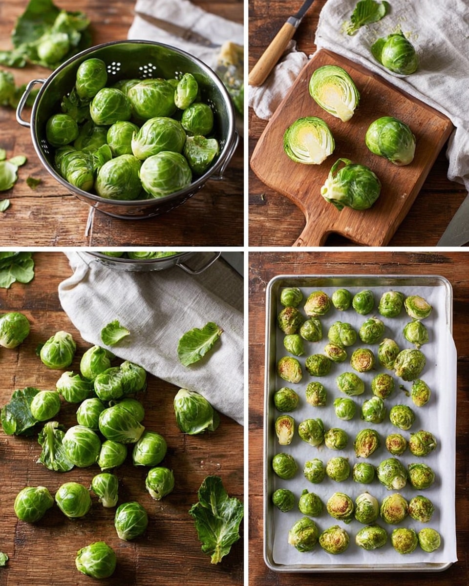 The image shows a four-step process of preparing Brussels sprouts. The first layer features a silver colander filled with fresh, round green Brussels sprouts on a wooden surface with loose leaves scattered around. The second layer shows a wooden cutting board with three halved Brussels sprouts and a knife resting on a white cloth, with a colander in the background. The third layer displays whole green Brussels sprouts spread out evenly on a large silver baking tray lined with white parchment paper, placed on a wooden table. The final layer shows the same Brussels sprouts on the baking tray after roasting, now golden brown with some charred edges, showing a crispy texture. Photo taken with an iphone --ar 4:5 --v 7