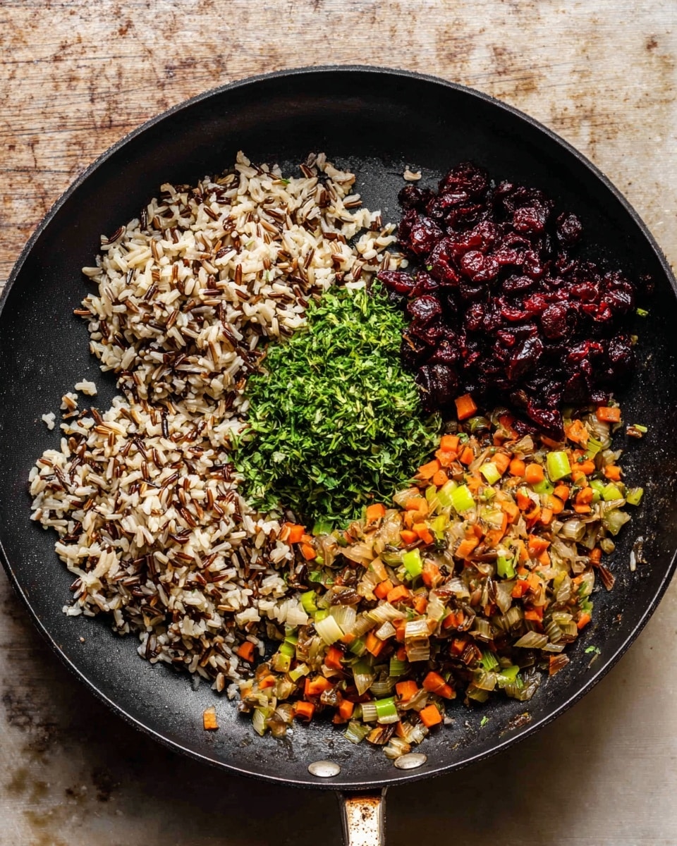 The image shows a black skillet filled with four separate piles of food. At the top left, there is a mix of cooked wild rice with white and brown grains. Below the rice, there is a pile of chopped fresh green herbs. To the right of the herbs, there is a small heap of dark red dried cranberries. On the far right side of the skillet, there is a mix of finely chopped sautéed vegetables, including orange carrots, green celery, and translucent onions. The skillet is on a white marbled textured surface. photo taken with an iphone --ar 4:5 --v 7