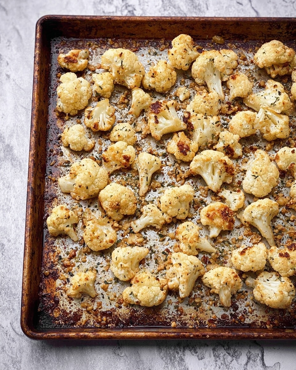 The image shows a single layer of roasted cauliflower florets spread out evenly on a large, well-used baking tray with a vintage look. The cauliflower pieces range in size, mostly off-white with some golden brown and lightly charred spots. The tray surface is covered in toasted seasoning bits and herbs, giving a textured, rustic appearance. The background is a white marbled texture. photo taken with an iphone --ar 4:5 --v 7