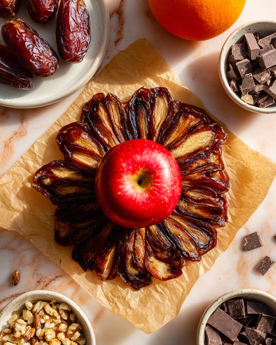 The image shows a peeled and flattened date fruit layer arranged like petals in a circular shape on light brown parchment paper, creating a flower-like base with deep brown and golden tones and a shiny texture. On top of this date base in the center sits a whole, shiny red apple with smooth skin and a round shape. Around the parchment paper are small white bowls filled with chopped nuts and dark chocolate chunks. In the background, there is a white plate with a small orange pumpkin and some loose dates scattered on a white marbled surface. The scene is lit with natural light, highlighting the rich colors and textures of the fruits and ingredients photo taken with an iphone --ar 4:5 --v 7