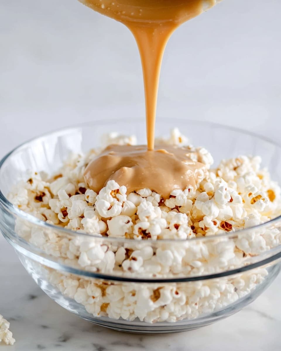 A clear glass bowl is filled with white popcorn that has small brown spots, showing slight toasting. A thick, smooth, light caramel-colored sauce is being poured in a steady stream from above, forming a mound on the popcorn layer. The bowl sits on a white marbled surface, with a bright, soft-focus background that keeps the attention on the textures of the popcorn and sauce. photo taken with an iphone --ar 4:5 --v 7