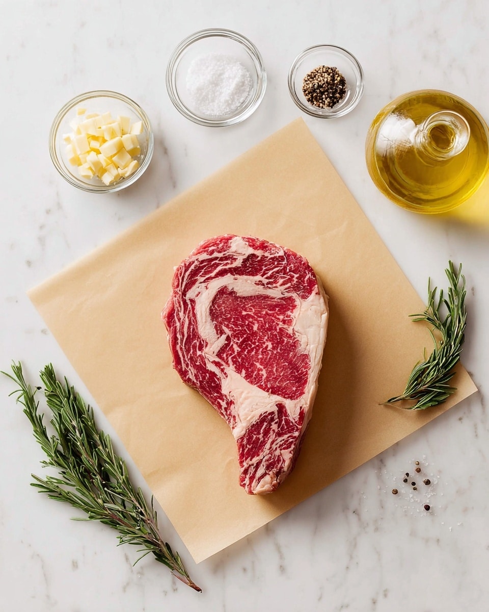 A raw ribeye steak with red and white marbling lies flat on a square sheet of light brown parchment paper placed on a white marbled surface. Around the steak, there are five small round clear glass bowls: one filled with chopped garlic at the top left, one with coarse salt at the middle right, one with cracked black pepper at the bottom right, and two sprigs of fresh green rosemary are placed to the left side. At the top right, a glass oil dispenser filled with golden yellow oil sits. photo taken with an iphone --ar 4:5 --v 7