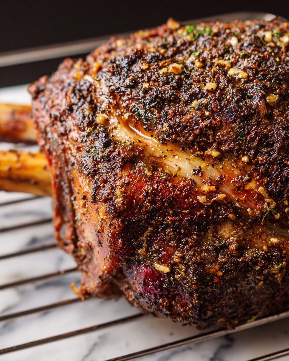 A close-up view of a large roasted meat piece resting on a metal grill rack with a white marbled texture underneath. The meat shows a thick outer layer covered in a crunchy, dark brown spice crust with bits of garlic and herbs visibly unevenly spread, creating a rough texture. The meat's surface shows golden brown caramelized fat with some areas slightly charred, and darker reddish-brown cooked meat beneath. The bone on the left side extends out, showing a lighter brown color with darker grill marks. The image captures the roasted meat's rich texture in detail, highlighting the seasoned crust and juicy interior. photo taken with an iphone --ar 4:5 --v 7