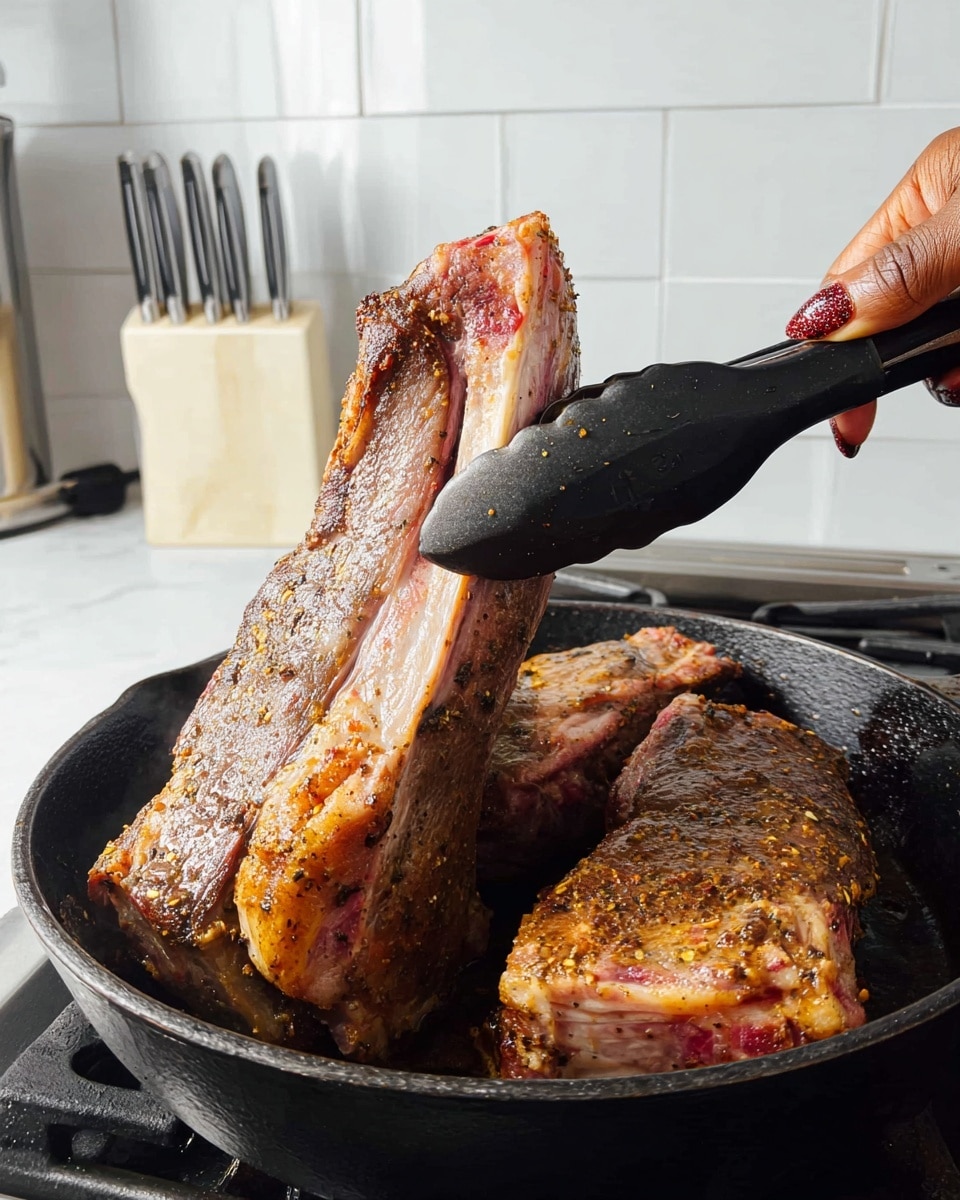 A close-up of three large pieces of meat being cooked in a black cast-iron skillet. Two pieces lay flat in the pan, showing a mix of browned, golden crust with some pink areas, while a third piece is lifted vertically with black tongs held by a woman's hand with long, painted nails. The meat’s surface is textured with uneven browning and small spices. The skillet sits on a stovetop with white tiled walls and a white knife block in the background against a white marbled surface. photo taken with an iphone --ar 4:5 --v 7