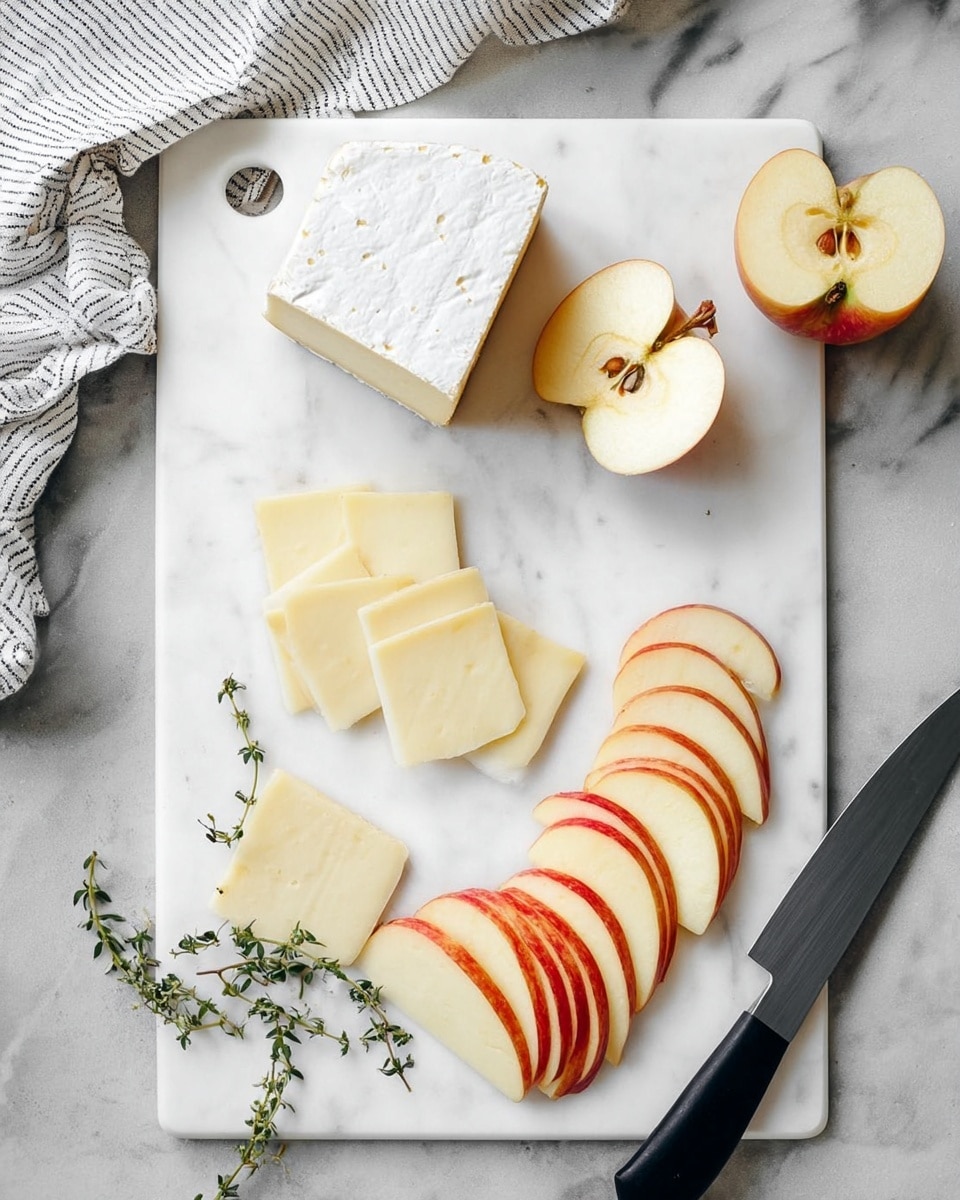 A white cutting board rests on a white marbled surface, featuring a large wedge of soft, white cheese with a rind in the top left corner, and several slices of the same cheese with creamy, pale yellow interiors placed below it. To the right, there are two apple halves with their red and yellow skins visible and the seeds showing in the center. Below the halves, there are curved slices of apple arranged in neat overlapping rows, showcasing their shiny red and yellow skins and pale inner flesh. Fresh green herb sprigs are scattered near the top. A sharp knife with a black handle lies near the bottom right corner of the board, and a striped cloth is partially visible above the board. Photo taken with an iphone --ar 4:5 --v 7