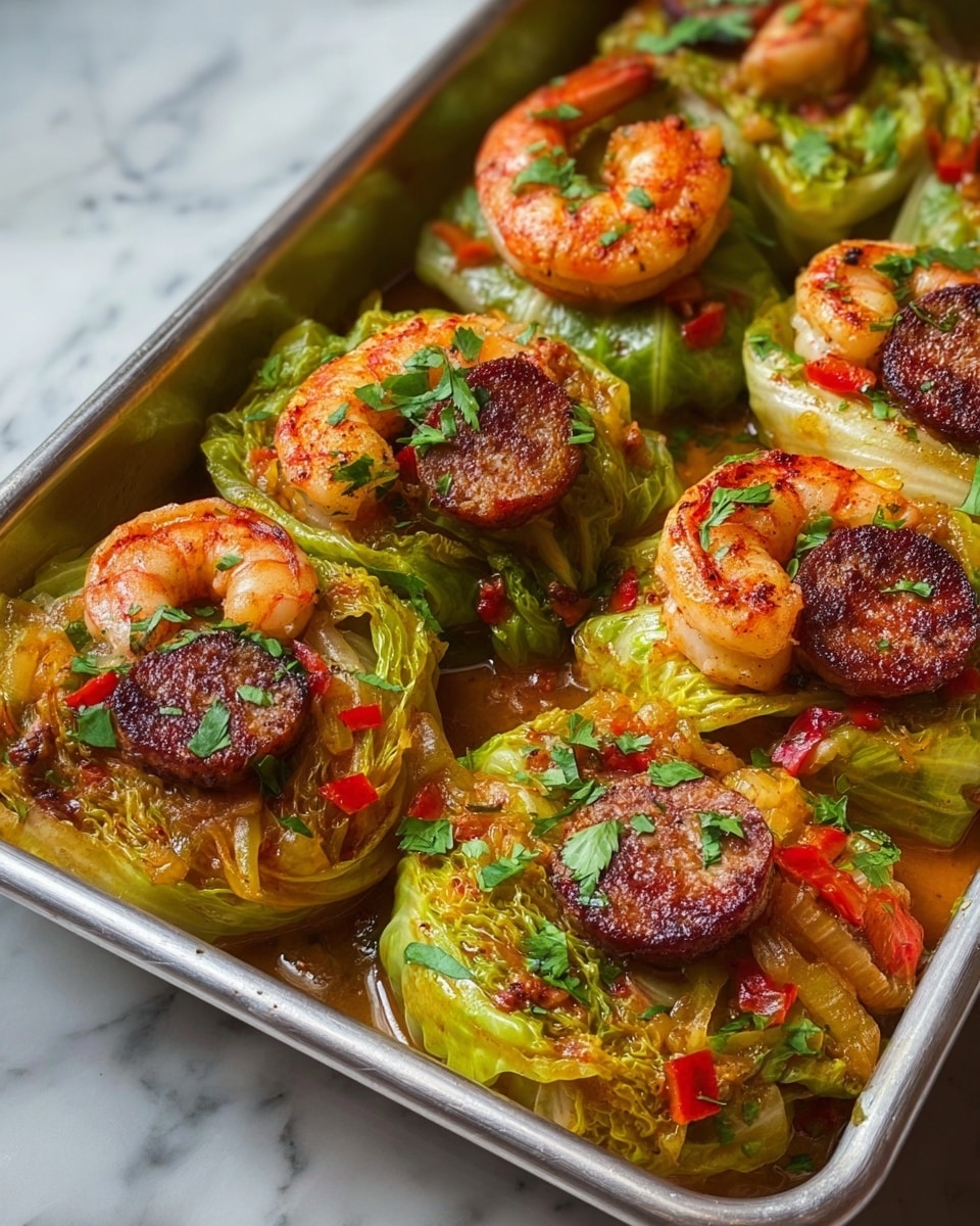 The image shows a metal tray filled with round cabbage rolls as the main layer, each roll made from thick green cabbage leaves slightly charred on the edges. Inside the cabbage rolls, there are layers of vibrant red and green bell peppers mixed with cooked onions and spices. On top of each cabbage roll, there are browned slices of sausage and cooked shrimp with reddish seasoning, giving a rich orange color. The dish is sprinkled with chopped fresh green herbs, adding a fresh look. The tray has juice and sauce bubbling around the rolls, making it appear juicy and flavorful. The tray sits on a white marbled surface. Photo taken with an iphone --ar 4:5 --v 7