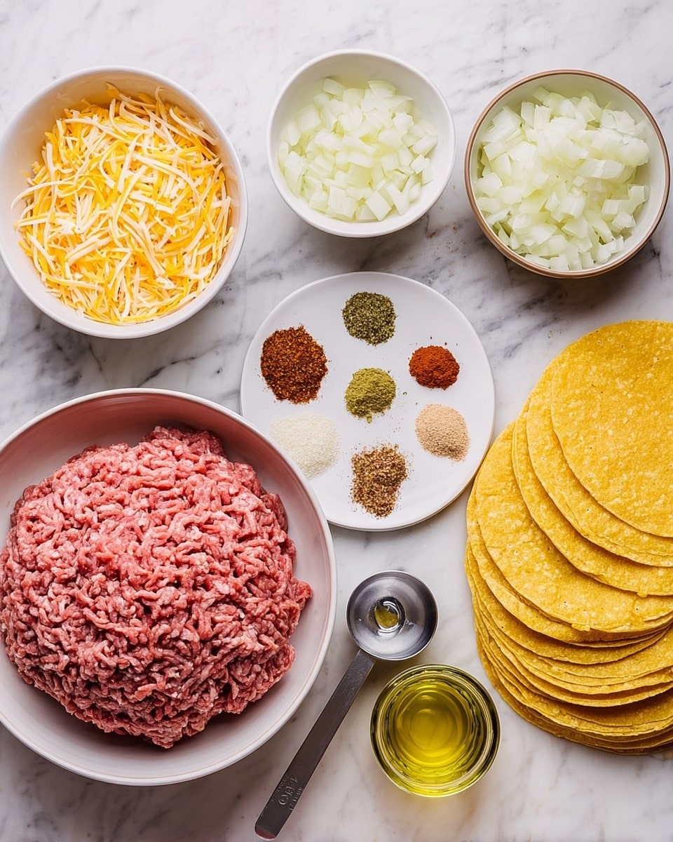 A white bowl holds a mound of fresh pink ground meat with a soft texture in the center. To its upper left, a white bowl contains shredded cheese, a mix of yellow and white strands. Above the cheese, there is a small white bowl filled with chopped white onions. Next to the onions, a white plate displays six small piles of different spices arranged in a circle with colors like brown, dark red, green, and beige. To the right of the meat, a white plate is stacked high with many yellow tortillas. Below the tortillas, a glass jar filled with a yellow liquid, likely oil, sits on the white marbled surface. A metal measuring cup marked 1/4 cup is near the bowl of cheese. Photo taken with an iphone --ar 4:5 --v 7