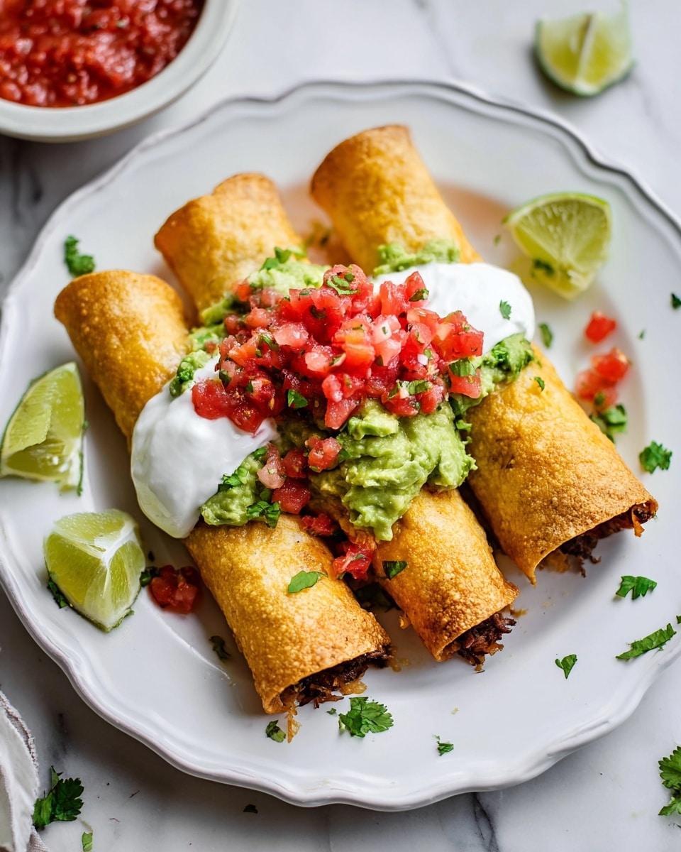 Three golden, crispy rolled tacos are placed in the center of a white plate with a scalloped edge on a white marbled surface. They are topped with a smooth white sour cream sauce, chunky green guacamole, and small pieces of red diced tomatoes with green cilantro leaves scattered across. On the plate, there are three lime wedges positioned around the tacos. In the background, there is a small white bowl filled with chunky red salsa. The tacos have a crunchy texture and slightly browned edges photo taken with an iphone --ar 4:5 --v 7