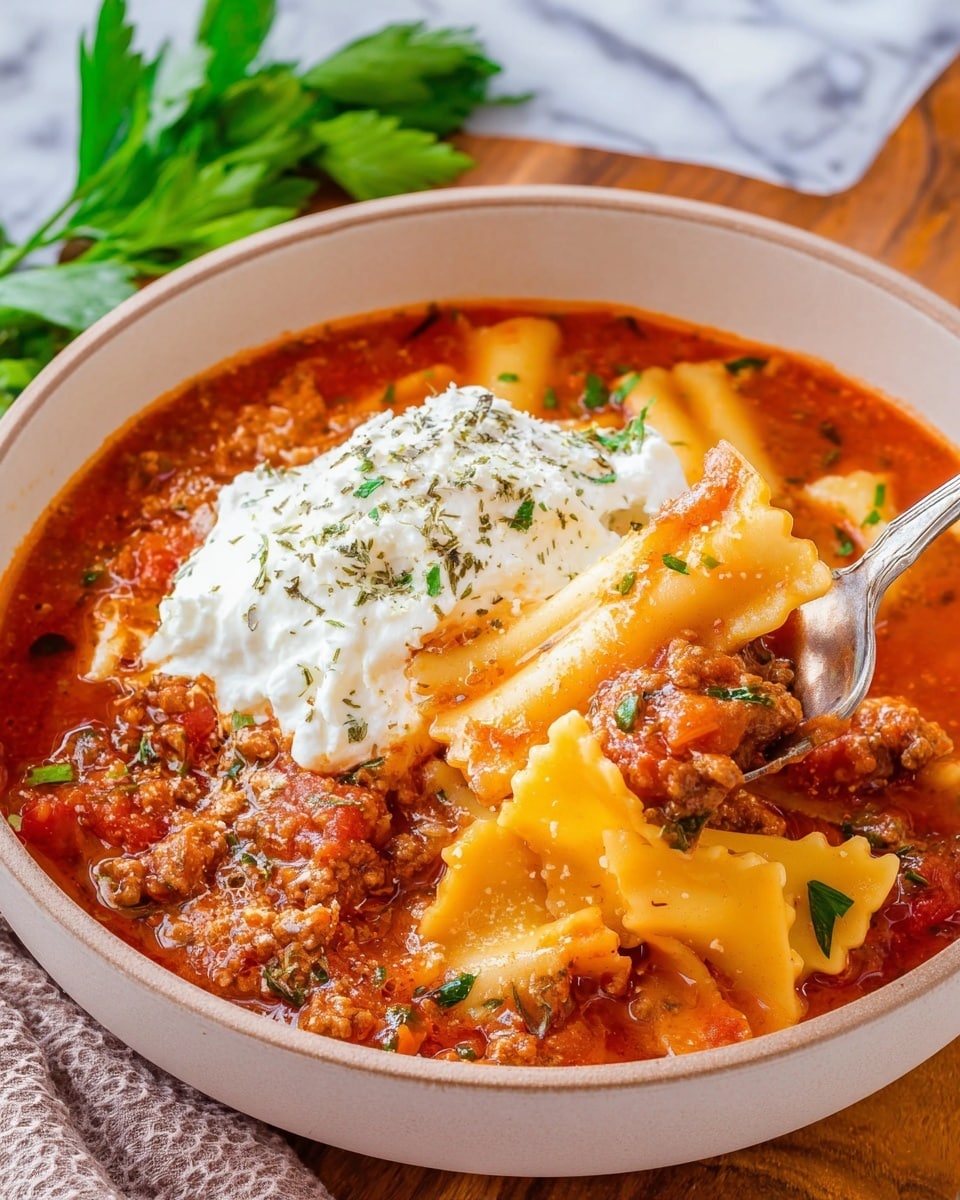 This image shows a white bowl filled with thick lasagna soup. The soup has three main layers: a bright red tomato sauce filled with small pieces of ground meat and chopped green herbs at the bottom, wide yellow pasta strips partly submerged in the sauce in the middle, and a large dollop of white ricotta cheese topped with dried herbs and some fresh green parsley leaves on top. A silver spoon is inside the bowl, lifting some pasta and sauce. The bowl sits on a wooden surface with some green leaves nearby, and the background is a white marbled texture. photo taken with an iphone --ar 4:5 --v 7