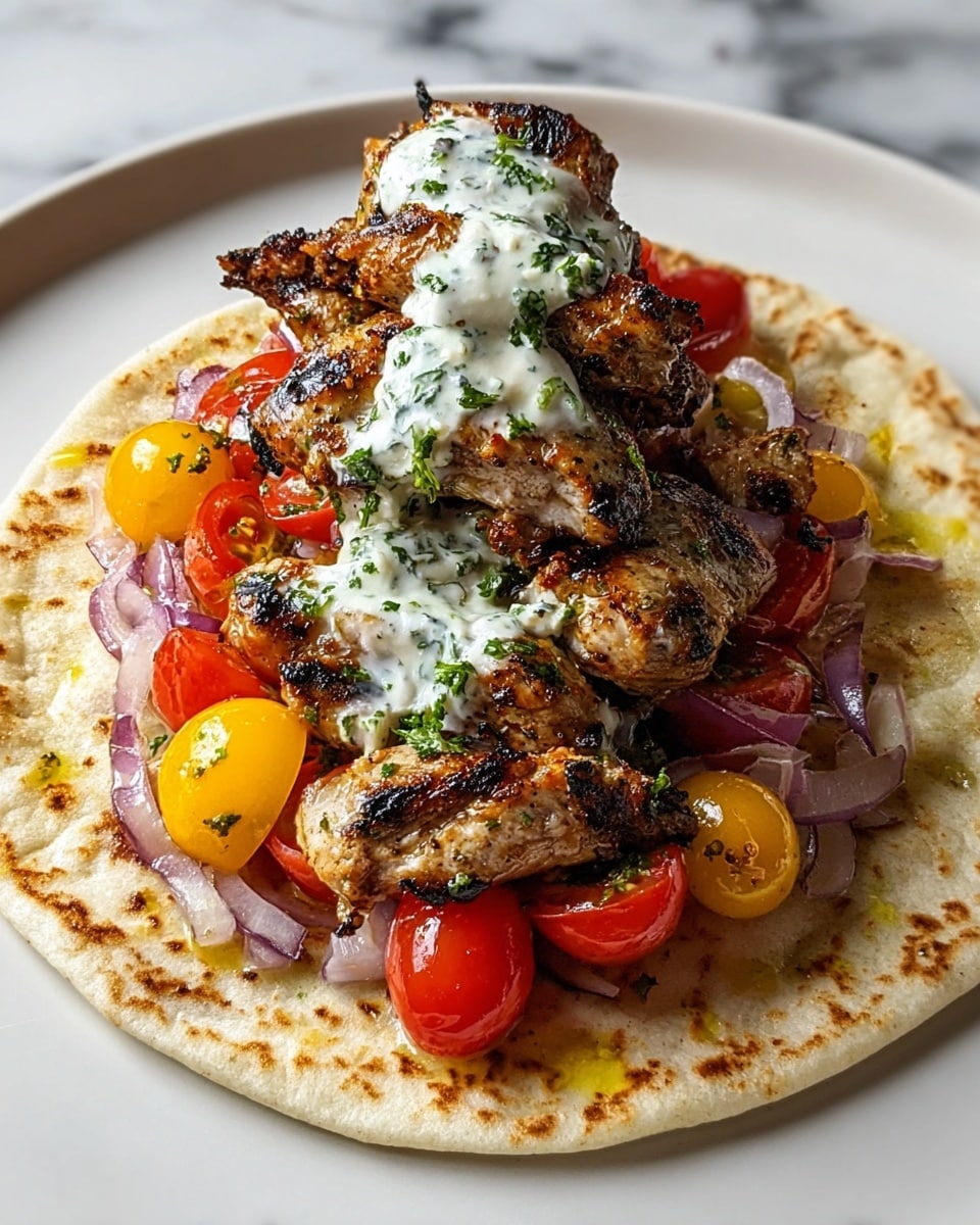 A round flat flatbread is the base layer on a white plate with some browned spots. On top of that, there is a layer of small, halved red and yellow cherry tomatoes mixed with chopped red onions showing through the edges. The main layer is a stack of grilled meat pieces with a golden-brown color and visible char marks, arranged in a pile toward the center. On the very top, there is a dollop of white creamy sauce with bits of green herbs mixed in. The plate sits on a white marbled surface. photo taken with an iphone --ar 4:5 --v 7