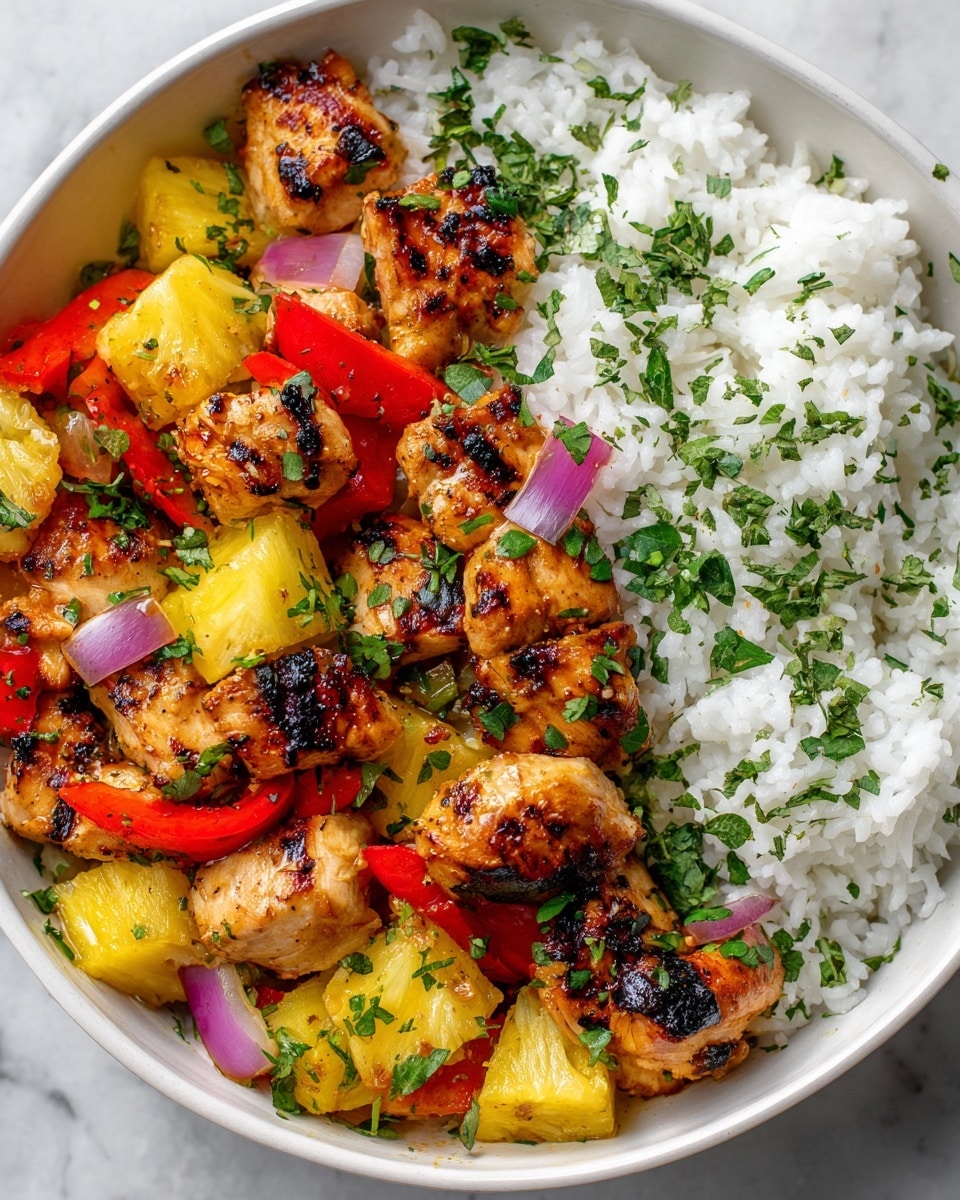 A white bowl filled with two main layers: on the right side, a fluffy bed of white rice sprinkled with chopped green herbs; on the left side, several pieces of grilled golden-brown chicken with dark grill marks, mixed with bright yellow pineapple chunks, thin slices of red bell pepper, and purple onion slices. The chicken and vegetables are scattered with chopped green herbs, adding freshness and contrast. The bowl sits on a white marbled surface, photo taken with an iphone --ar 4:5 --v 7