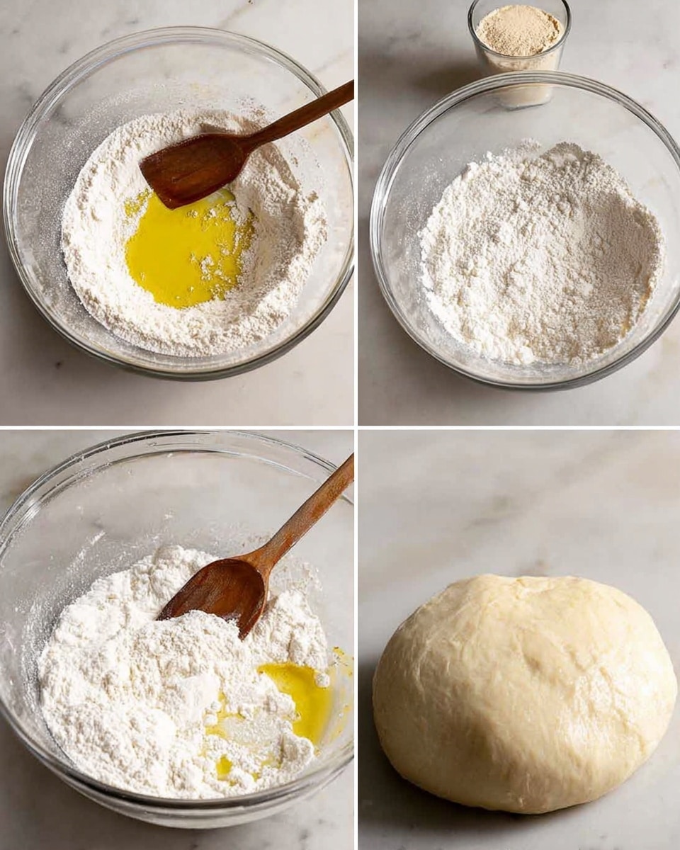 The image shows a step-by-step process of making dough in a clear kitchen bowl with a wooden spoon on a white marbled surface. In the first frame, white flour surrounds a small pool of yellow liquid, likely oil, in the center of the bowl, with a wooden spoon resting to the right and a glass with beige powder in the background. The second frame shows the flour partially mixed with the liquid, creating a lumpy white and wet texture across the bowl. The third frame features a smooth ball of dough with a shiny thin layer of yellow oil on top, sitting in the center of the bowl. The final frame shows the dough ball puffed up and smooth, filling more of the bowl, ready for the next step. photo taken with an iphone --ar 4:5 --v 7
