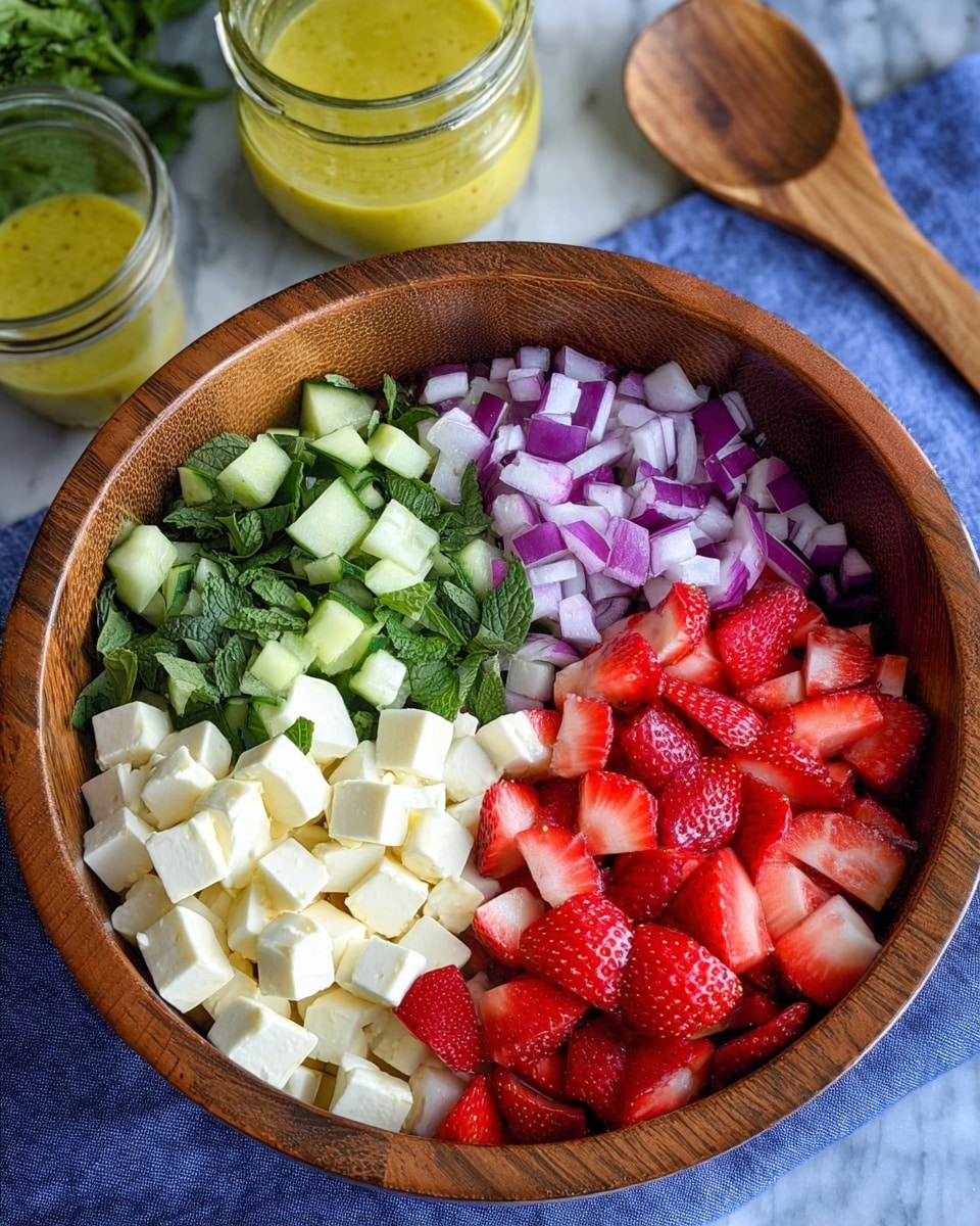 A wooden bowl filled with five different layers: bright red sliced strawberries on the bottom right, dark green chopped mint leaves in the center, white cubed cheese on the left, deep purple chopped red onions on the top left, and light green chopped cucumber on the top right. In the background, there is a clear glass jar filled with yellow salad dressing and a wooden spoon, all set on a white marbled surface with a blue cloth underneath the bowl. photo taken with an iphone --ar 4:5 --v 7
