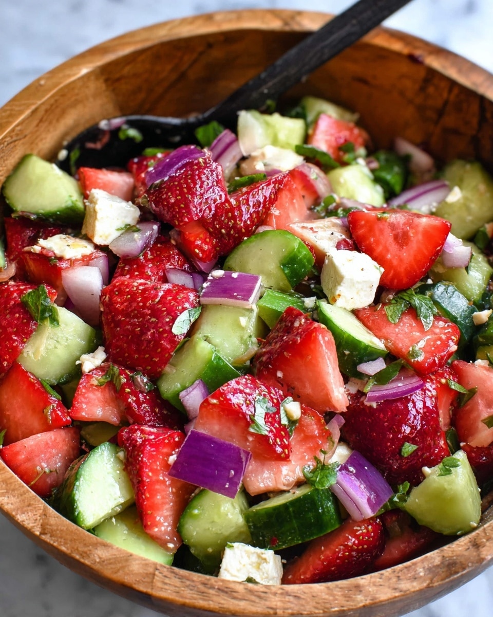 The image shows a salad in a wooden bowl placed on a white marbled surface. The salad has visible layers of bright red strawberries sliced into halves and quarters, green cucumber pieces cut into chunks, purple-red onion pieces, and white chunks of cheese mixed throughout. There are also small bits of fresh green herbs scattered over the top, and a black spoon is partially visible inside the bowl. The textures show fresh and juicy fruits and vegetables with a slight shine as if lightly dressed. photo taken with an iphone --ar 4:5 --v 7