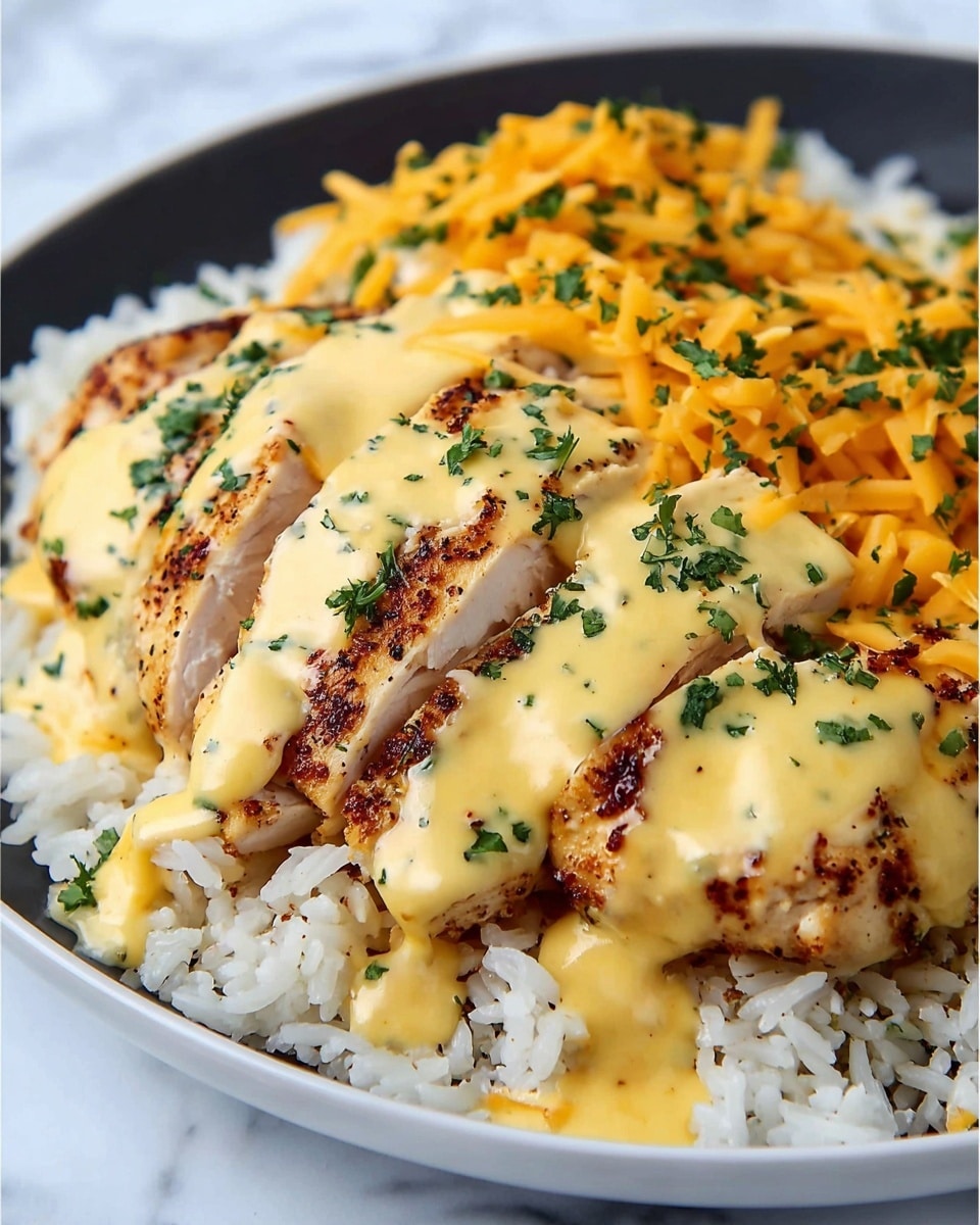Grilled chicken breast is sliced and placed on top of fluffy white rice, all served on a white plate against a white marbled texture. The chicken is covered with a creamy yellow cheese sauce that drips slightly over the edges, and sprinkled with shredded orange cheese and finely chopped green herbs, adding color and texture to the dish. The rice underneath looks soft and light, peeking out from the sides. Photo taken with an iphone --ar 4:5 --v 7