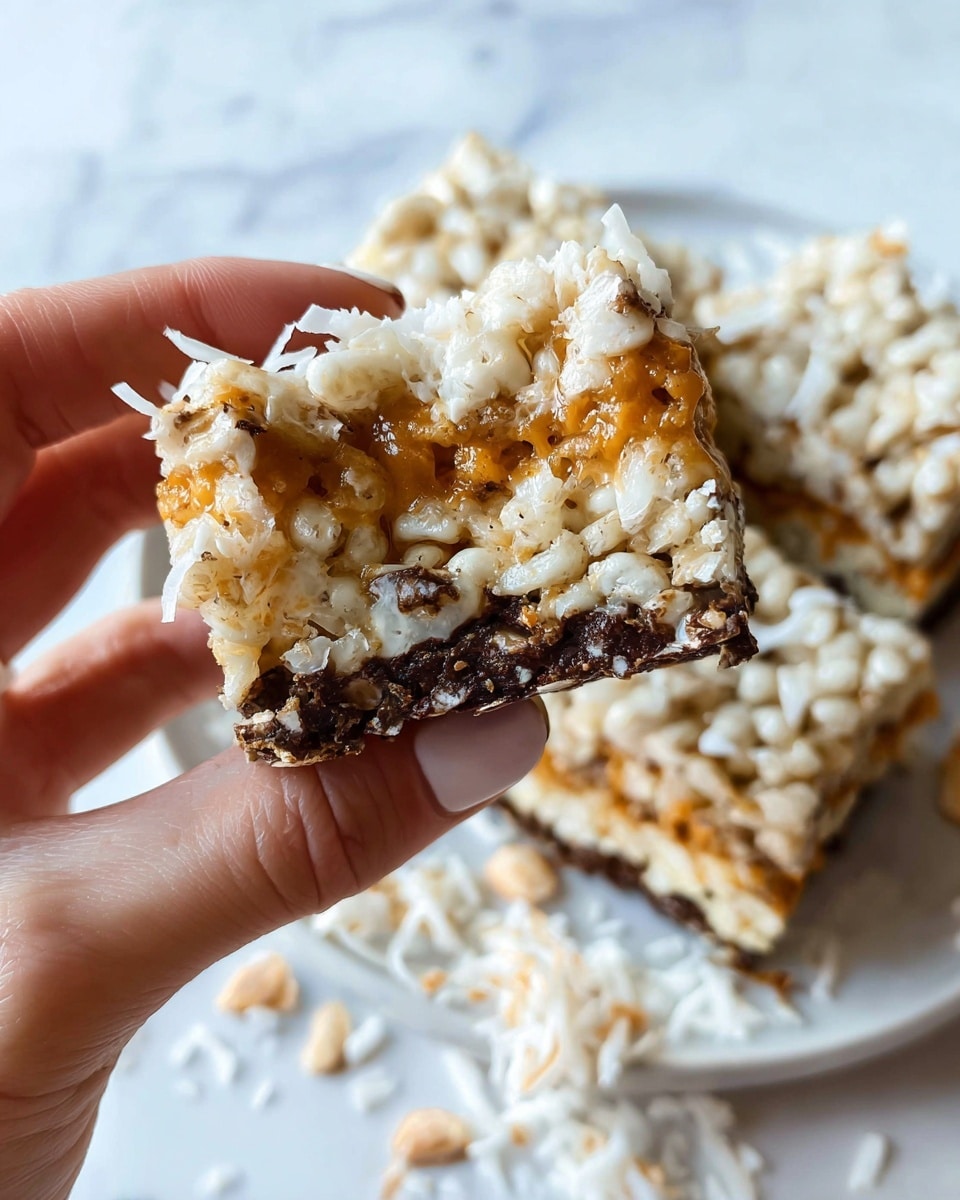A close-up of a woman's hand holding a broken square-shaped crispy snack bar with three visible layers: a dark brown thin crispy bottom layer, a thick middle layer of light orange with a chewy texture, and a top layer of creamy white puffed rice with a sticky, soft appearance. In the background, there are more snack bars stacked on a white plate with shredded white pieces scattered around on a white marbled surface. The focus is sharp on the snack bar in the hand, highlighting its textures and slightly glossy finish. photo taken with an iphone --ar 4:5 --v 7