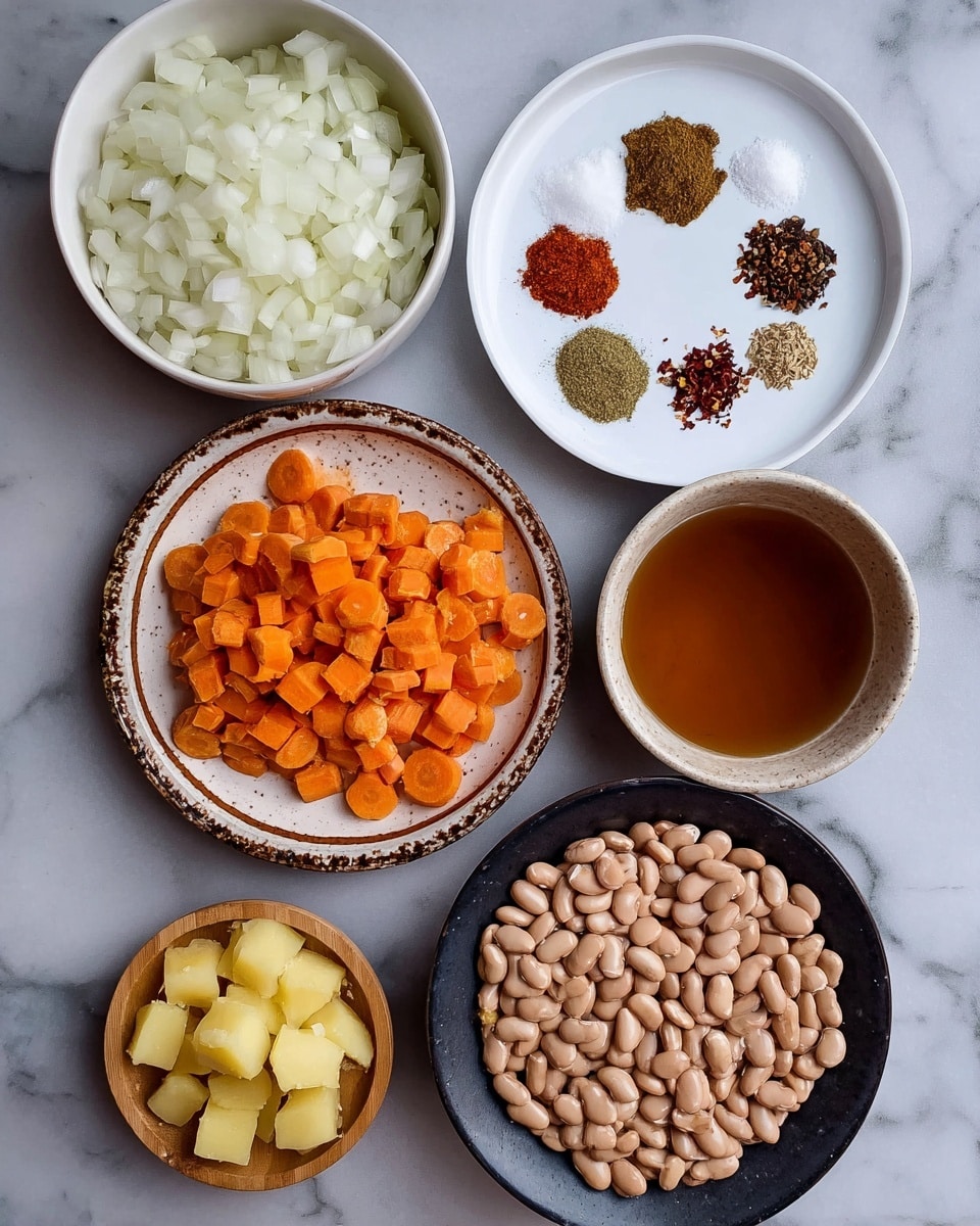 The image shows seven bowls arranged on a white marbled surface, each containing different ingredients. Starting from the top center, there is a white bowl filled with small, white chopped onions. To the right of it, a white plate holds six different spices arranged in small piles with varied colors: green, light brown, dark red, black, red chili flakes, and white salt. Below the spices, a rustic white plate with a brown rim is filled with medium orange chopped carrot pieces. Below the carrots, a white bowl contains a dark amber liquid, likely broth. To the left of the broth bowl, a small white bowl holds pale yellow diced potatoes. Above the potatoes, a large dark plate has a pile of light brown pinto beans. Between the beans and the spices, a small wooden bowl contains finely chopped pale yellow garlic. photo taken with an iphone --ar 4:5 --v 7