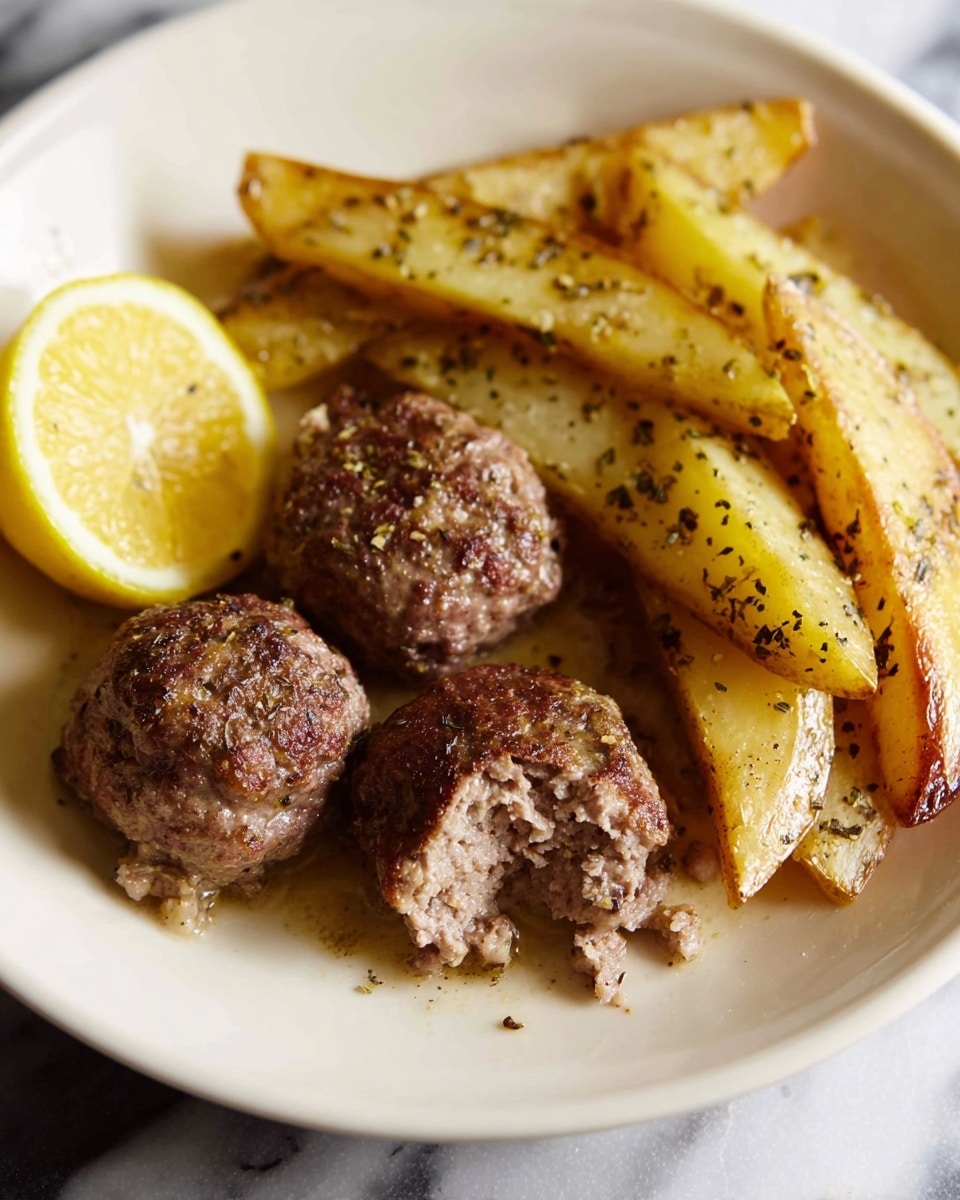The dish shows three brown meatballs with a slightly coarse texture, one with a bite taken out, placed on the right side of a white plate. On the left side, there are several golden potato wedges sprinkled with herbs and black pepper, with a crispy texture on the edges. At the top of the plate, a bright yellow lemon wedge is resting against the meatballs. The plate sits on a white marbled surface. photo taken with an iphone --ar 4:5 --v 7