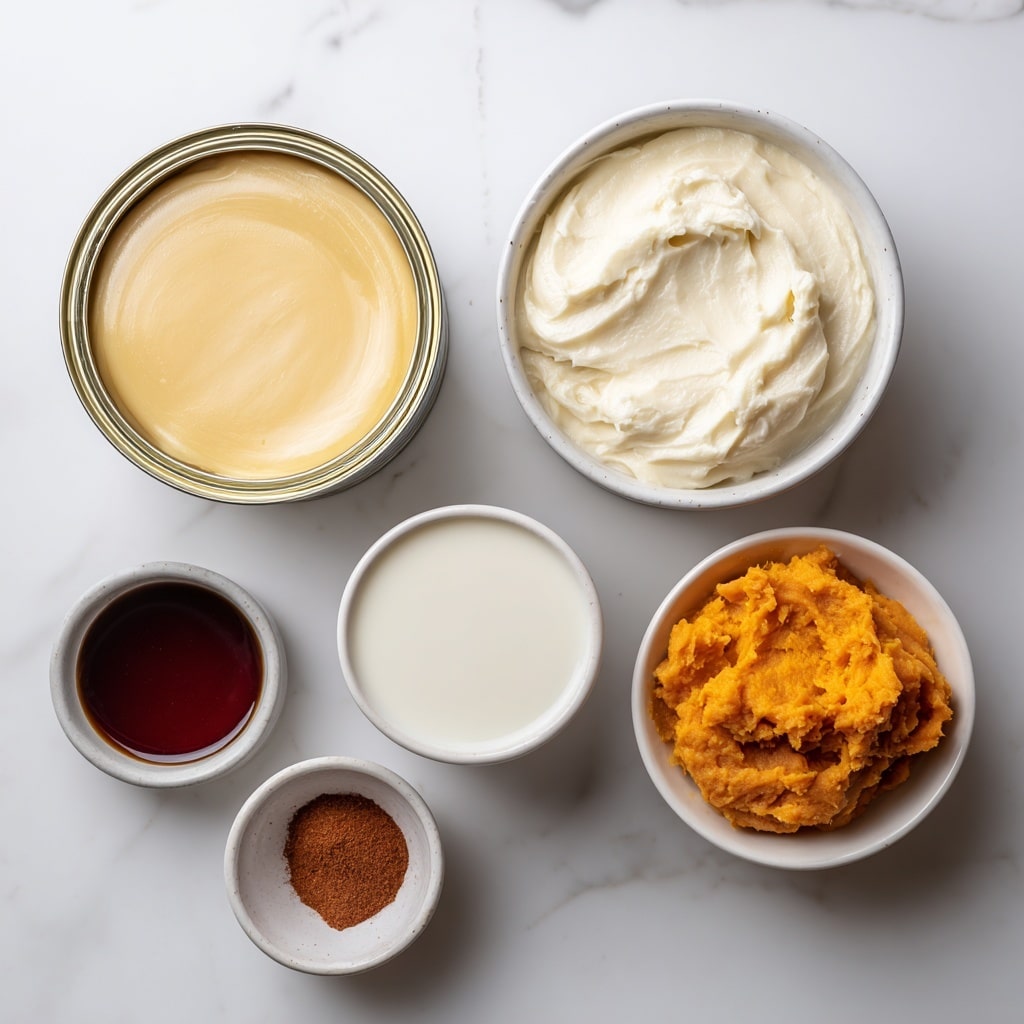 The image shows six white bowls and one opened can placed on a white marbled surface. Starting at the top right, there is a bowl filled with smooth, creamy white half and half. To the left of it, an opened can holds thick, pale yellow sweetened condensed milk. Below the can, a white bowl contains plain white whole milk. To the right of the whole milk, there is a small white bowl with bright orange pumpkin puree that has a soft, mashed texture. Next to it is a small white dish holding a fine reddish-brown powder labeled pumpkin pie spice. At the bottom left, a small bowl is filled with dark amber liquid vanilla extract. Each ingredient is neatly labeled, and the overall setup is clean and bright with a top-down view. Photo taken with an iphone --ar 4:5 --v 7