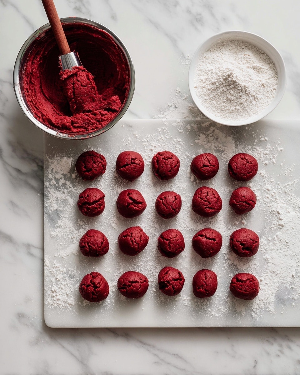 The image shows 27 small, round, deep red cookie dough balls arranged neatly in a grid on a white marbled board dusted with white powder. At the top left, there is a metal bowl with red dough mixed inside, with a wooden spatula covered in the same red dough resting in it. At the top right, a small white bowl filled with white powder sits on the marbled board, with some powder sprinkled around it. The surface underneath everything is white marbled. Photo taken with an iphone --ar 4:5 --v 7