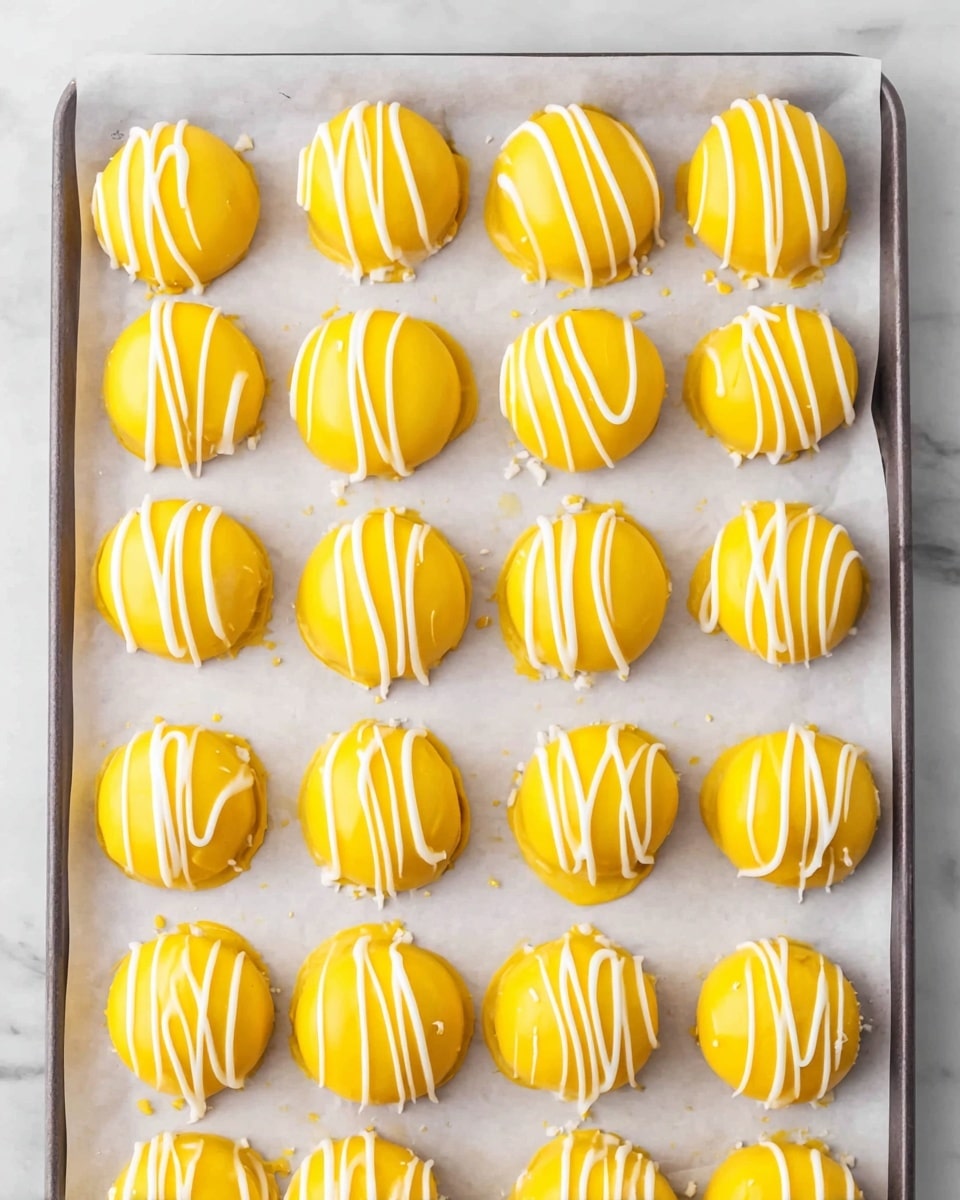The image shows a tray lined with white parchment paper holding 21 round treats arranged in neat rows. Each treat has two main layers: a smooth, shiny yellow base layer covering the entire top and sides, and a white drizzle layer applied in thin, curved lines over the yellow surface. The tray rests on a white marbled texture surface. photo taken with an iphone --ar 4:5 --v 7