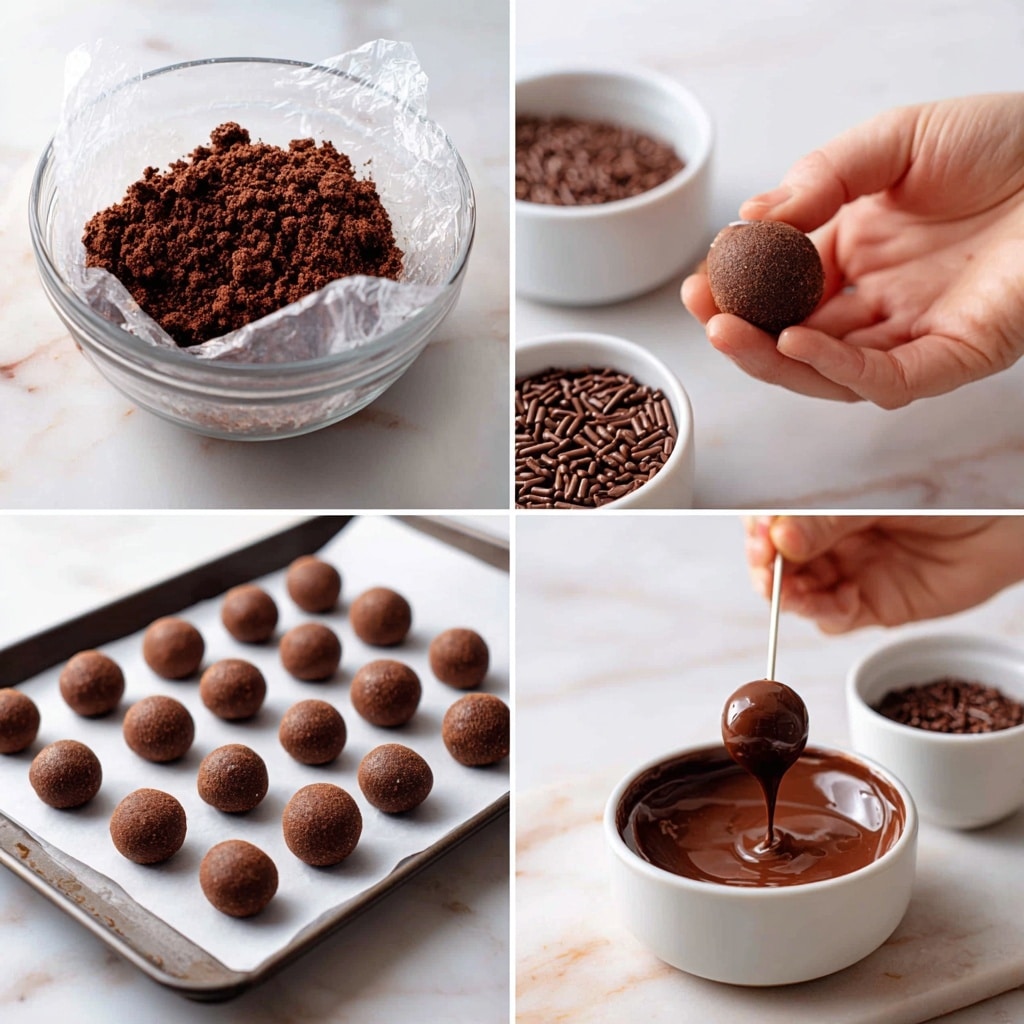 The image shows a step-by-step process of making chocolate balls. In the first part, there is a clear glass bowl covered with plastic wrap filled with dark brown crumbly chocolate mixture on a white marbled surface, and a small white bowl with chocolate sprinkles nearby. The second part shows a woman's hand holding a small smooth dark brown chocolate ball above the same bowl with more crumbled chocolate in it. The third part displays 25 small round chocolate balls placed in rows on white parchment paper lined on a baking tray. The fourth part shows a woman's hand holding a small chocolate ball on a skewer being dipped into a bowl of smooth melted dark brown chocolate, with chocolate sprinkles in a white bowl on the side and another chocolate ball covered with sprinkles on a white tray, all on a white marbled surface. Photo taken with an iphone --ar 4:5 --v 7