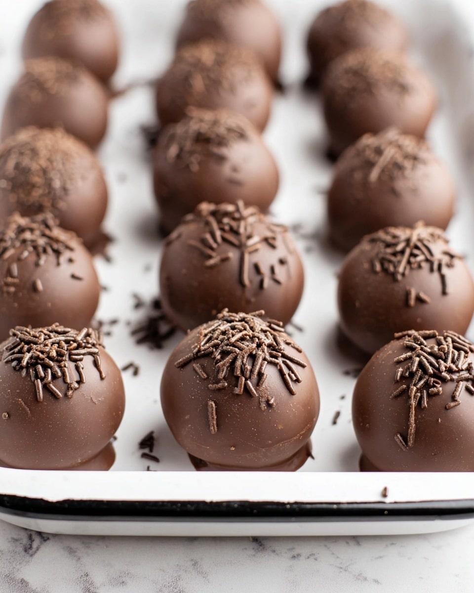 The image shows a white tray filled with round chocolate truffles arranged in rows. Each truffle has a smooth, shiny dark brown chocolate coating and is topped with small, thin chocolate sprinkles scattered mostly on the top half. The shiny texture reflects light softly, and the truffles have slight imperfections with some showing small drips of chocolate at the bottom. The white tray with a black rim sits on a white marbled surface, and the image focuses on the front truffles with the back ones softly blurred. Photo taken with an iphone --ar 4:5 --v 7