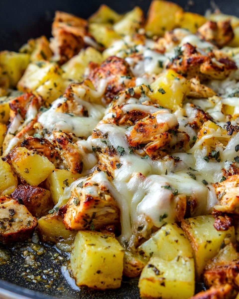 The dish shows a close-up of golden roasted potato pieces and browned cooked chicken chunks mixed together in a pan. The chicken is covered with melted white cheese that looks soft and stringy, with small green herb bits sprinkled on top for color. The potatoes have a light yellow color with brown edges and a slightly crispy texture. The chicken and potatoes are lightly seasoned with black pepper and herbs. The pan background has a shiny, oily appearance with some juices around the food. photo taken with an iphone --ar 4:5 --v 7