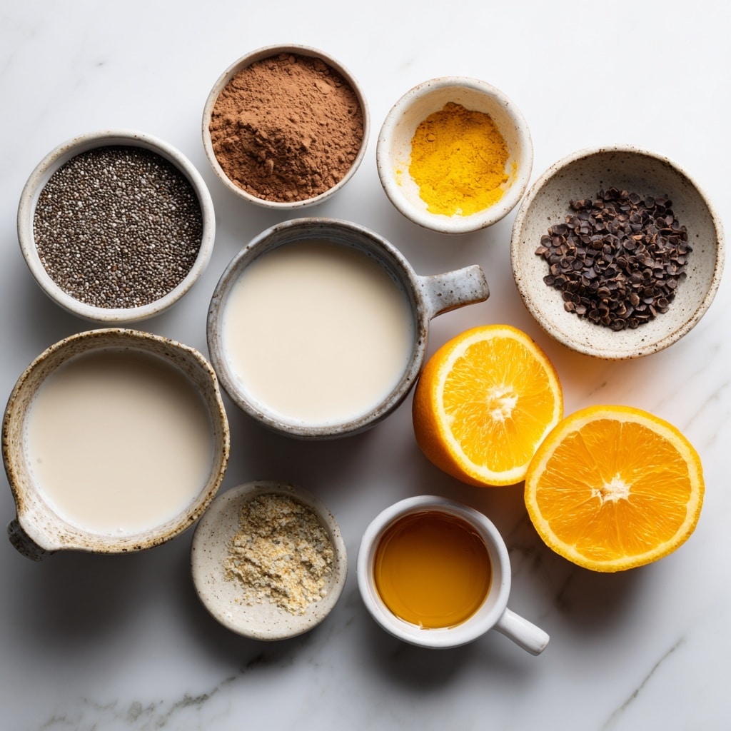 The image shows three small glass jars filled with thick, dark chocolate pudding-like dessert that has a textured surface from small seeds inside. Each jar is topped with a small orange slice and some orange zest curls. One jar in the front has a wooden spoon standing inside it. The jars are placed on a white marbled surface with a few dark chocolate chips and a small wooden bowl of chia seeds blurred in the background. photo taken with an iphone --ar 4:5 --v 7