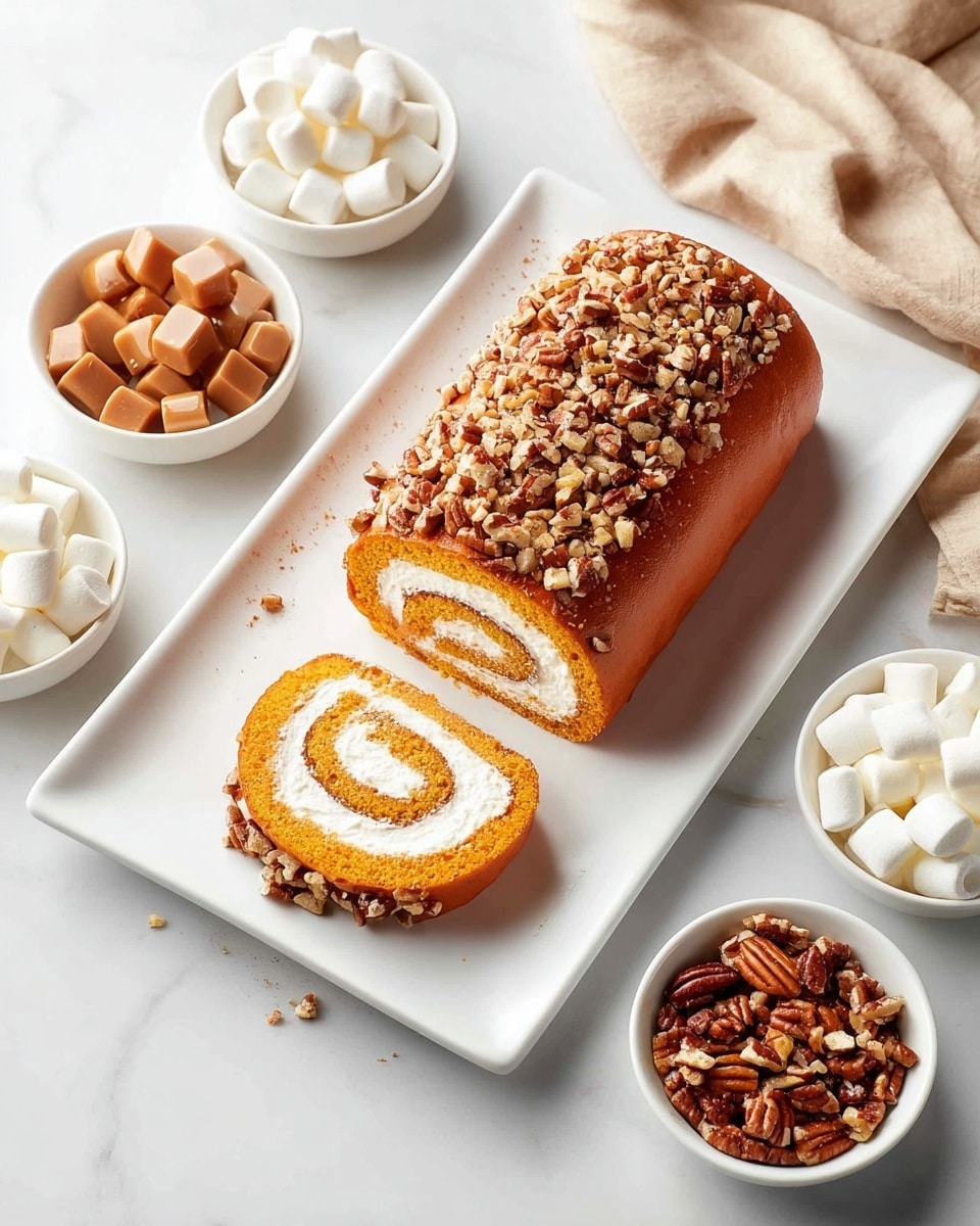 A single pumpkin roll cake sits on a square white plate on a white marbled surface; the cake has a smooth orange outer layer covered with chopped pecans, and it is filled with one visible spiral layer of creamy white filling. Around the plate, there are four small white bowls, two filled with mini white and orange marshmallows, and two filled with small brown caramel and pecan pieces. A beige cloth is partly visible in the top right corner. Photo taken with an iphone --ar 4:5 --v 7