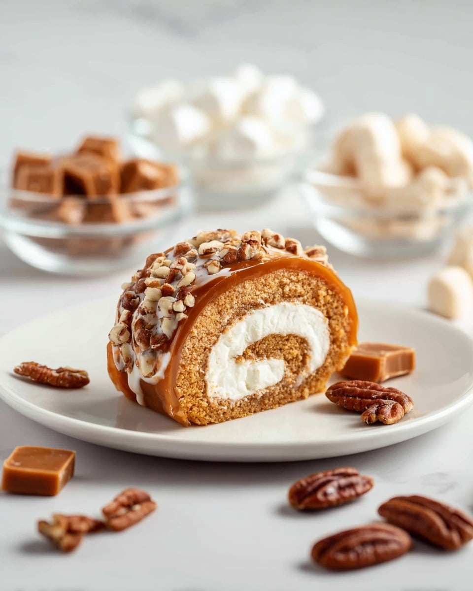 A small dessert roll sits on a plain white plate placed on a white marbled surface. The roll has three visible layers: a caramel-colored outer layer, a white creamy middle layer, and another thin caramel swirl inside, creating a spiral effect. The outer layer is covered with whole and chopped pecans, some of which are scattered on the plate around the roll. In the background, there are clear glass bowls filled with caramel squares, white marshmallows, and pecans, all slightly out of focus. The lighting is soft and bright, highlighting the textures and warm colors of the dessert. photo taken with an iphone --ar 4:5 --v 7