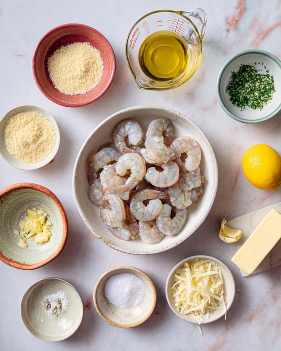 A white bowl in the center holds raw peeled shrimp with a translucent gray and pink color, laid in a small pile. Around the bowl are small white and light brown ceramic bowls with different ingredients: pale yellow breadcrumbs, finely chopped green herbs, light yellow lemon zest, and minced garlic. There is a small glass cup with olive oil that has a golden color, a stick of pale yellow butter, two lemon wedges, a clear glass measuring cup with a light oil liquid, a small bowl with shaved pale yellow cheese, and bowls with white salt and light yellow lemon juice. The background is a white marbled surface. Photo taken with an iphone --ar 4:5 --v 7