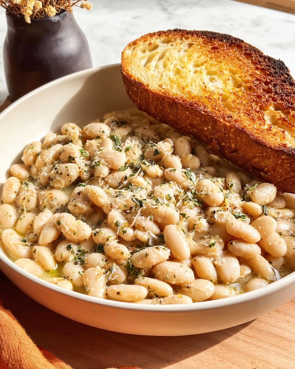 A large white pot filled with a creamy bean dish that has about two layers: a bottom creamy sauce mixed with soft browned onions and a top layer of whole white beans lightly coated in sauce, speckled with small green herbs and black pepper. The beans and onions create a textured, rustic look with a mix of beige, light brown, and off-white colors. The dish sits on a wooden board with an orange-salt shaker and a dark jar nearby. The background is a white marbled texture. Photo taken with an iphone --ar 4:5 --v 7