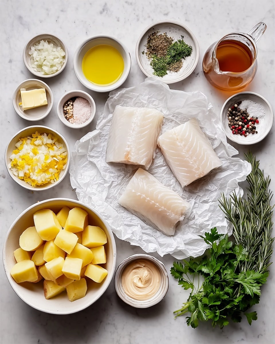 The image shows ingredients neatly arranged on a white marbled surface. In the center, three pieces of raw white fish lay on crumpled white paper, each piece smooth and slightly translucent. Below and to the left is a white bowl filled with yellow potato pieces. Surrounding these are small white bowls holding chopped shallots, lemon zest, and two small pats of butter, all placed carefully. Additional bowls contain white granulated salt, mixed peppercorns, lemon juice, and golden-yellow olive oil. There is also a small glass pitcher filled with a brown liquid, likely broth. On the far right, a bunch of fresh green parsley and rosemary sprigs add a natural touch. Two small white bowls hold creamy beige mustard and coarse salt. The colors vary from white and yellow to green and light brown, creating a clean and fresh look. photo taken with an iphone --ar 4:5 --v 7